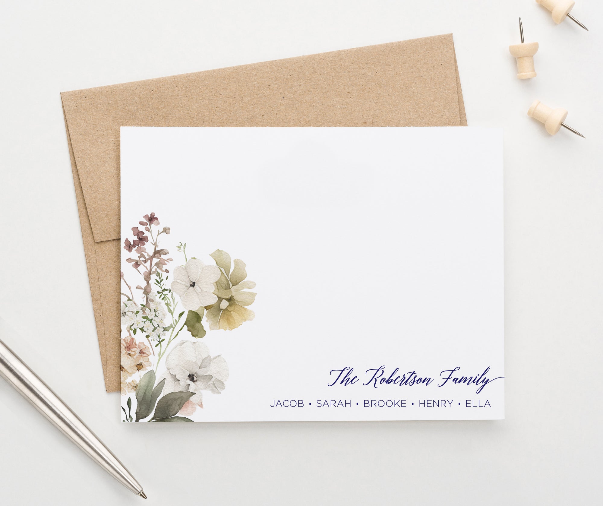 Elegant Floral Folded Personalized Stationery For Family