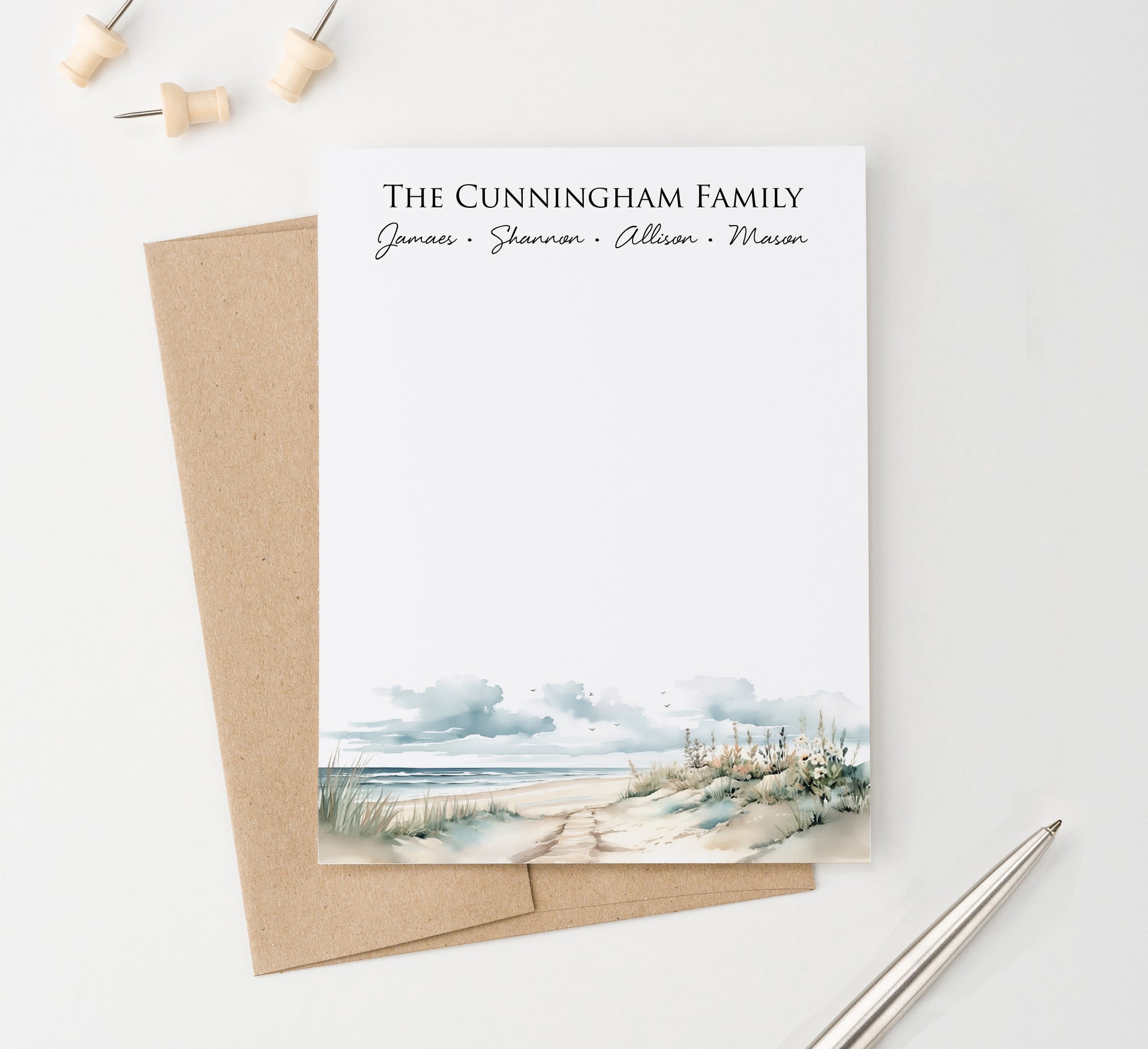 Soft Personalized Stationery Set For Family Watercolor Beach