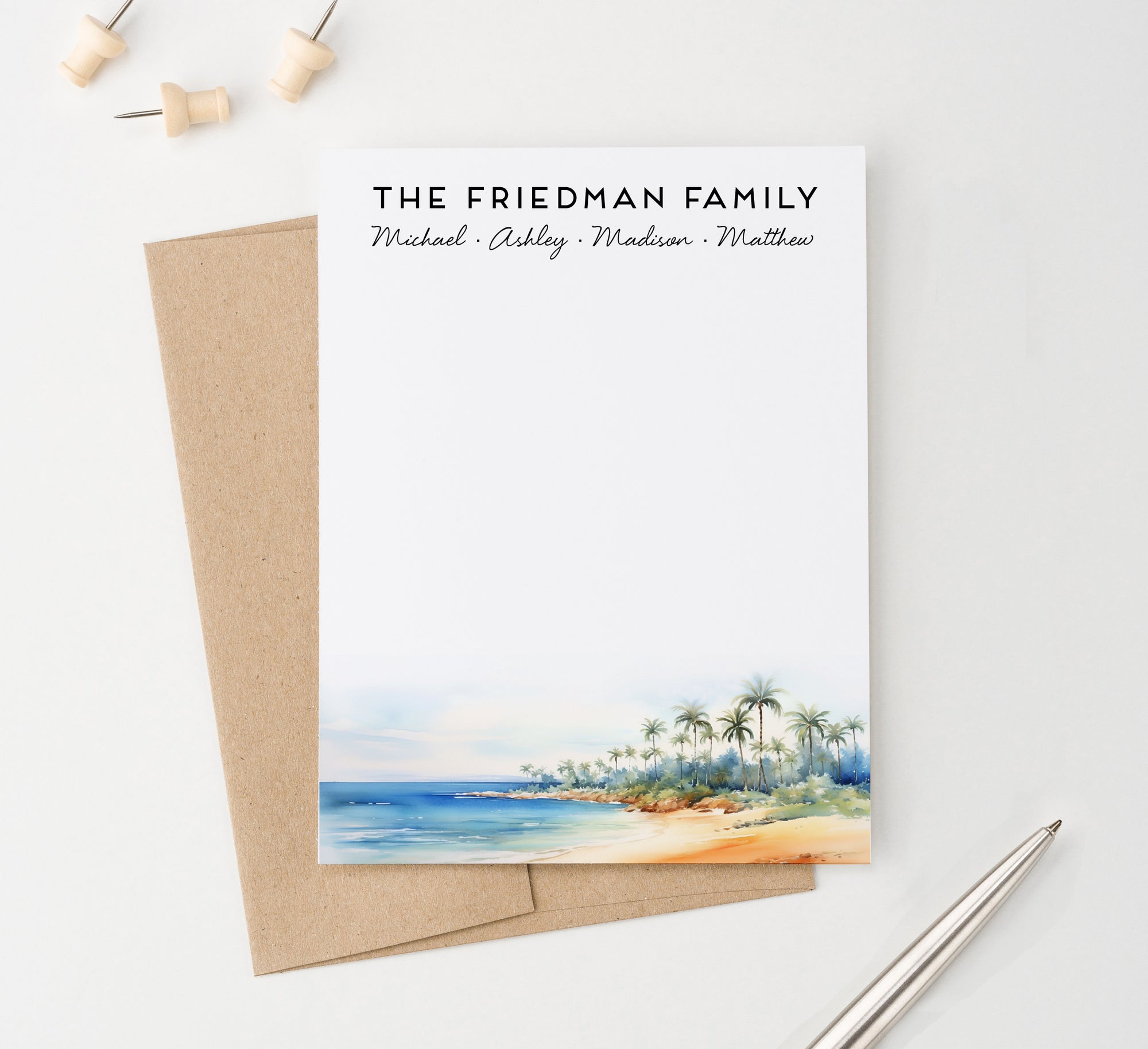 Vibrant Personalized Family Note Cards With Tropical Beach