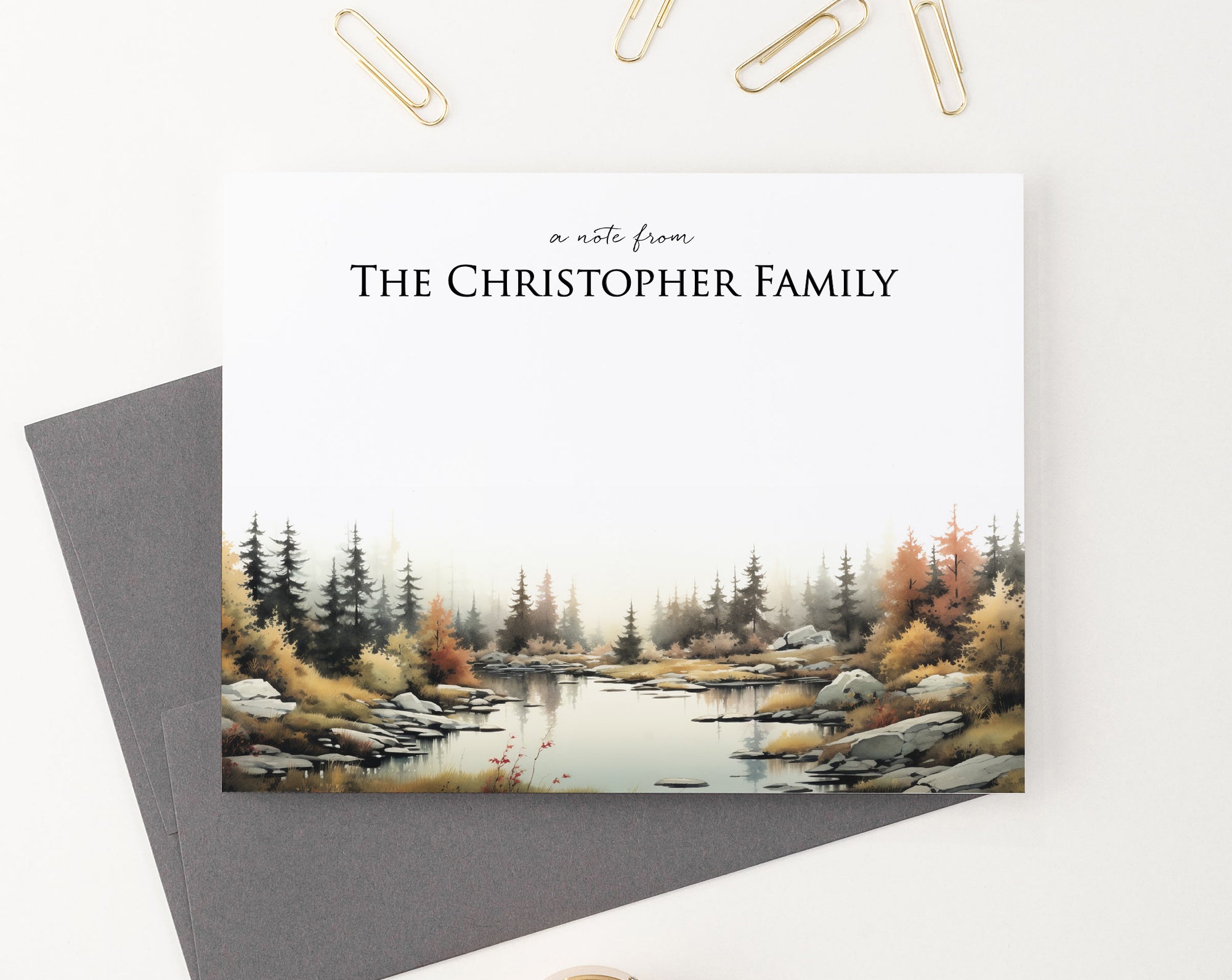 Folded Woodland Personalized Family Stationery With Last Name