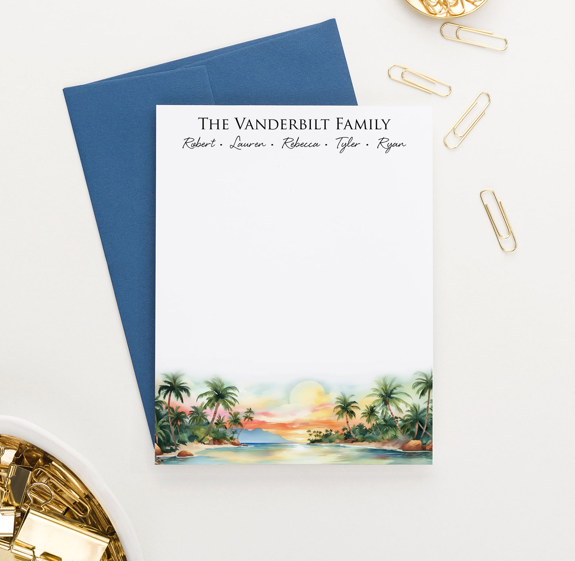 Watercolor Sunset Beach Custom Family Stationery With Names