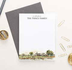 Farmhouse Landscape Family Note Cards Personalized With Cows