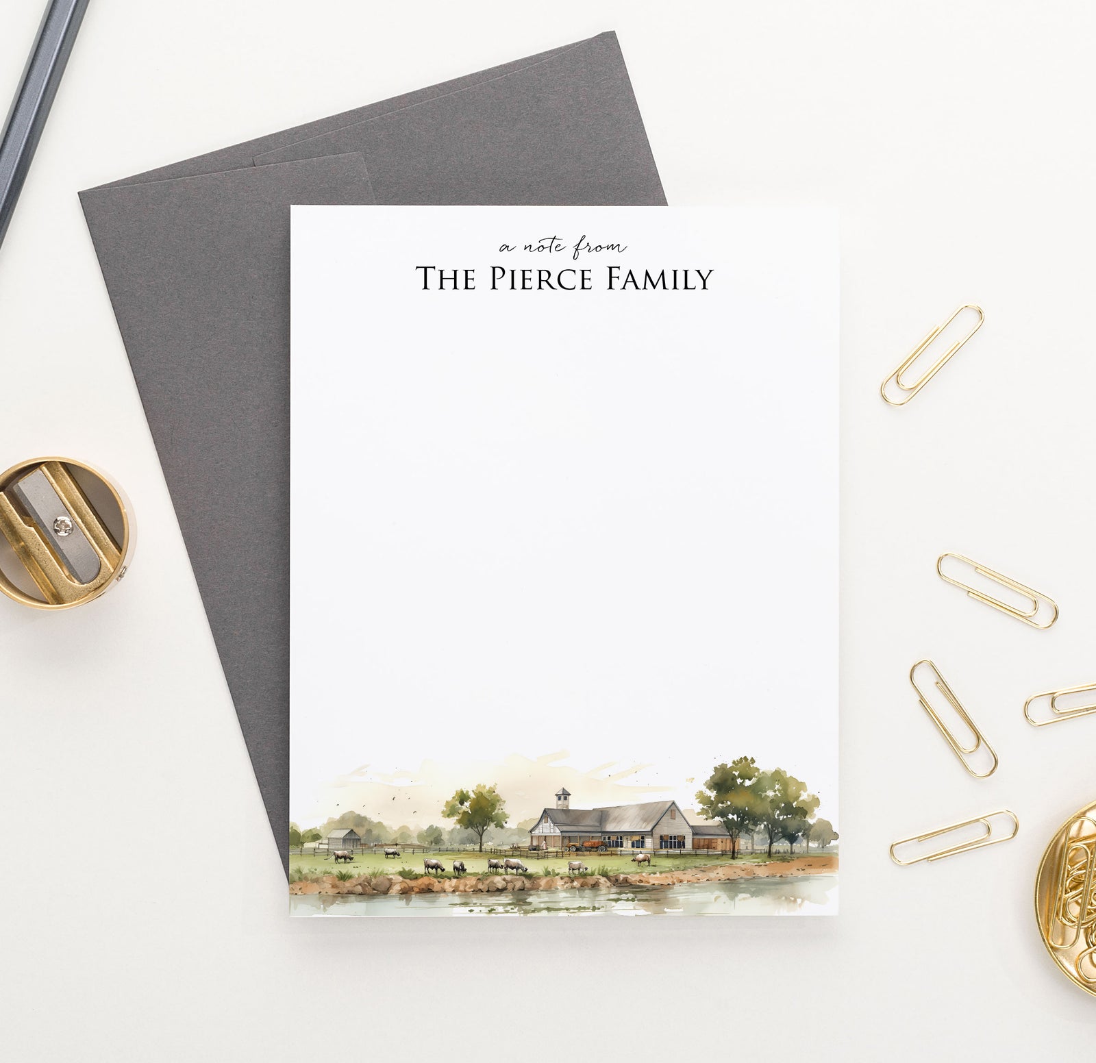 Farmhouse Landscape Family Note Cards Personalized With Cows