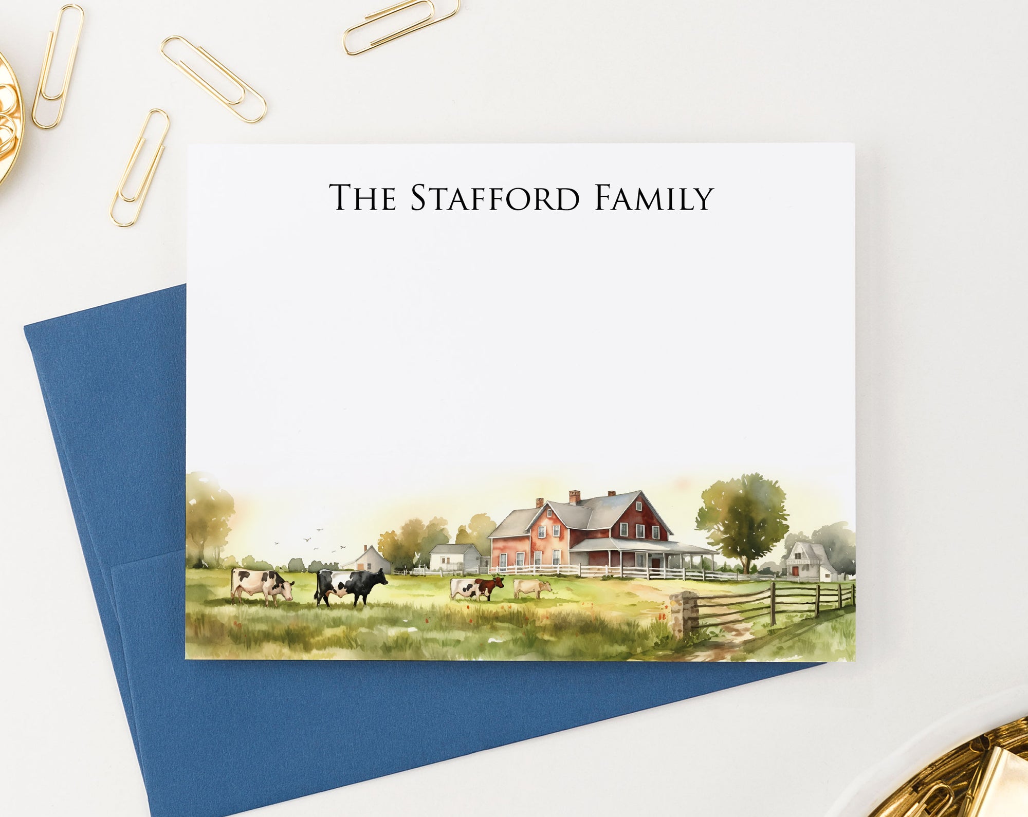 Rustic Watercolor Farmhouse Personalized Family Stationery Folded