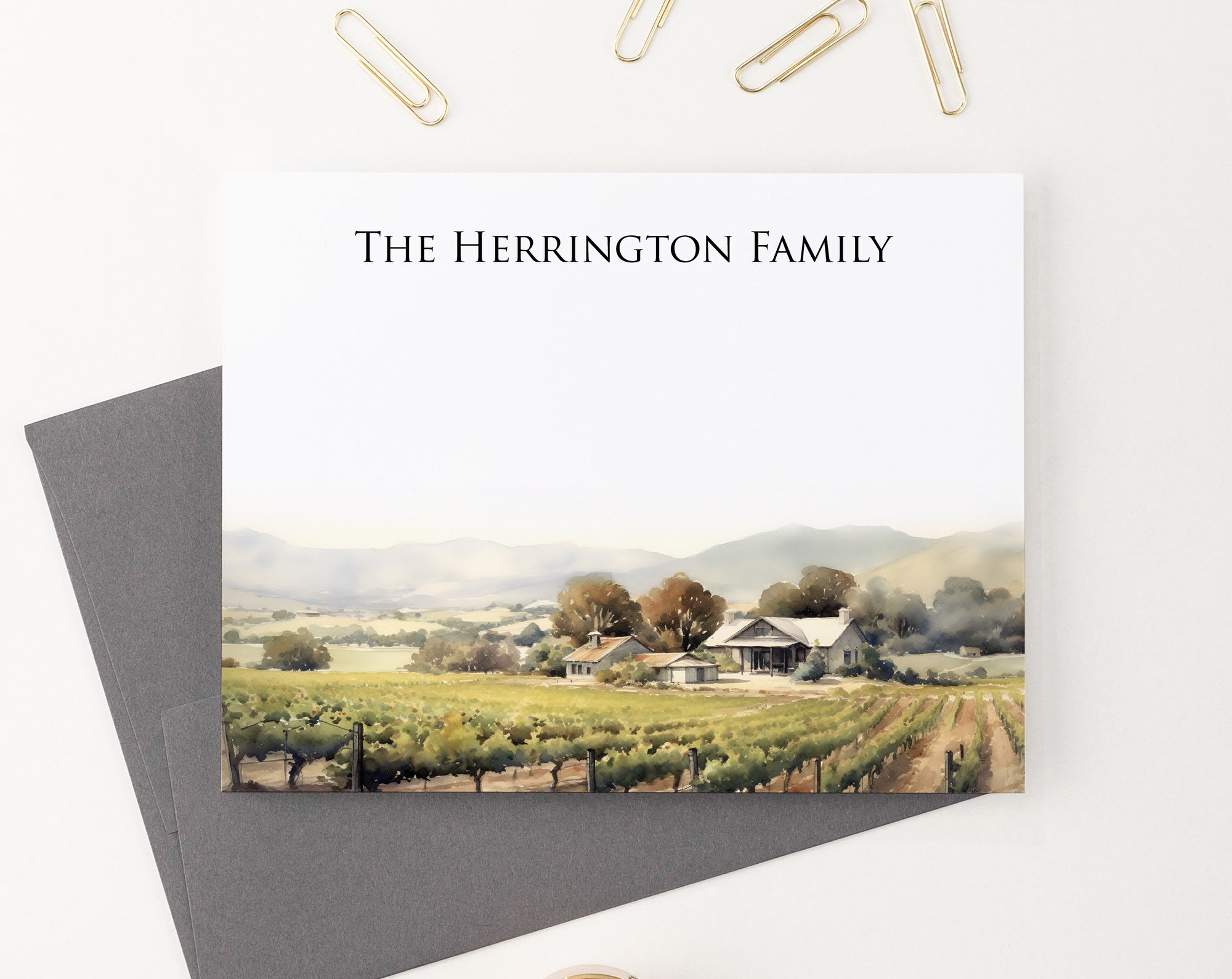 Watercolor Vineyard Landscape Personalized Family Note Cards Folded