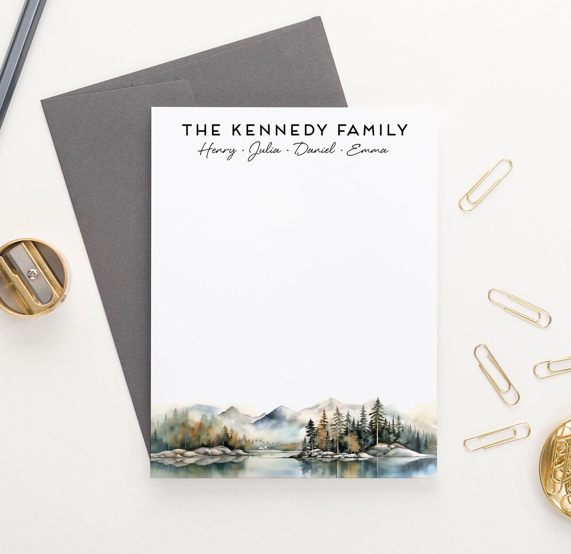 Watercolor Lake Landscape Custom Family Stationery With Names