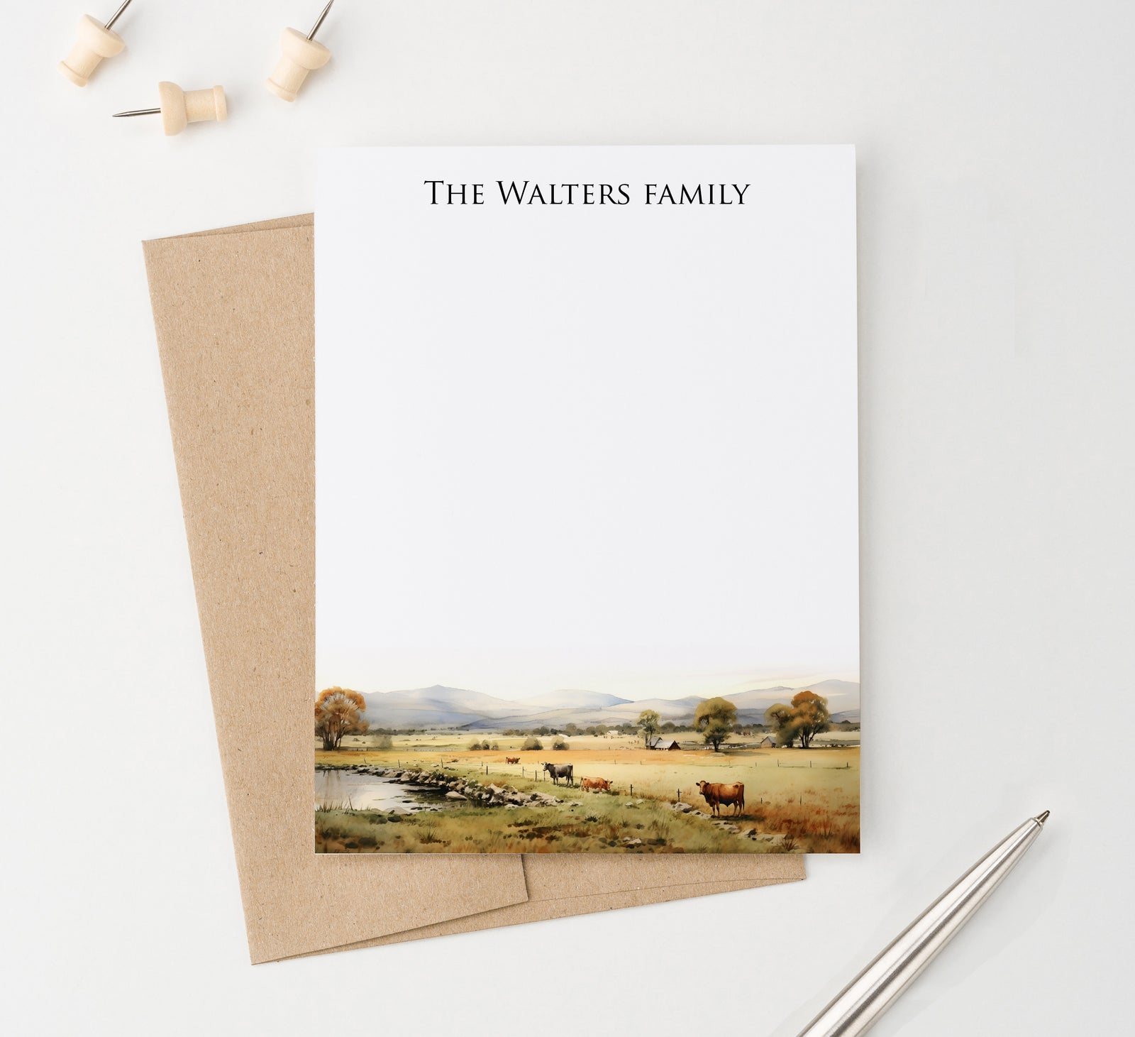 Cow Pasture Landscape Personalized Stationery For Family With Last Name