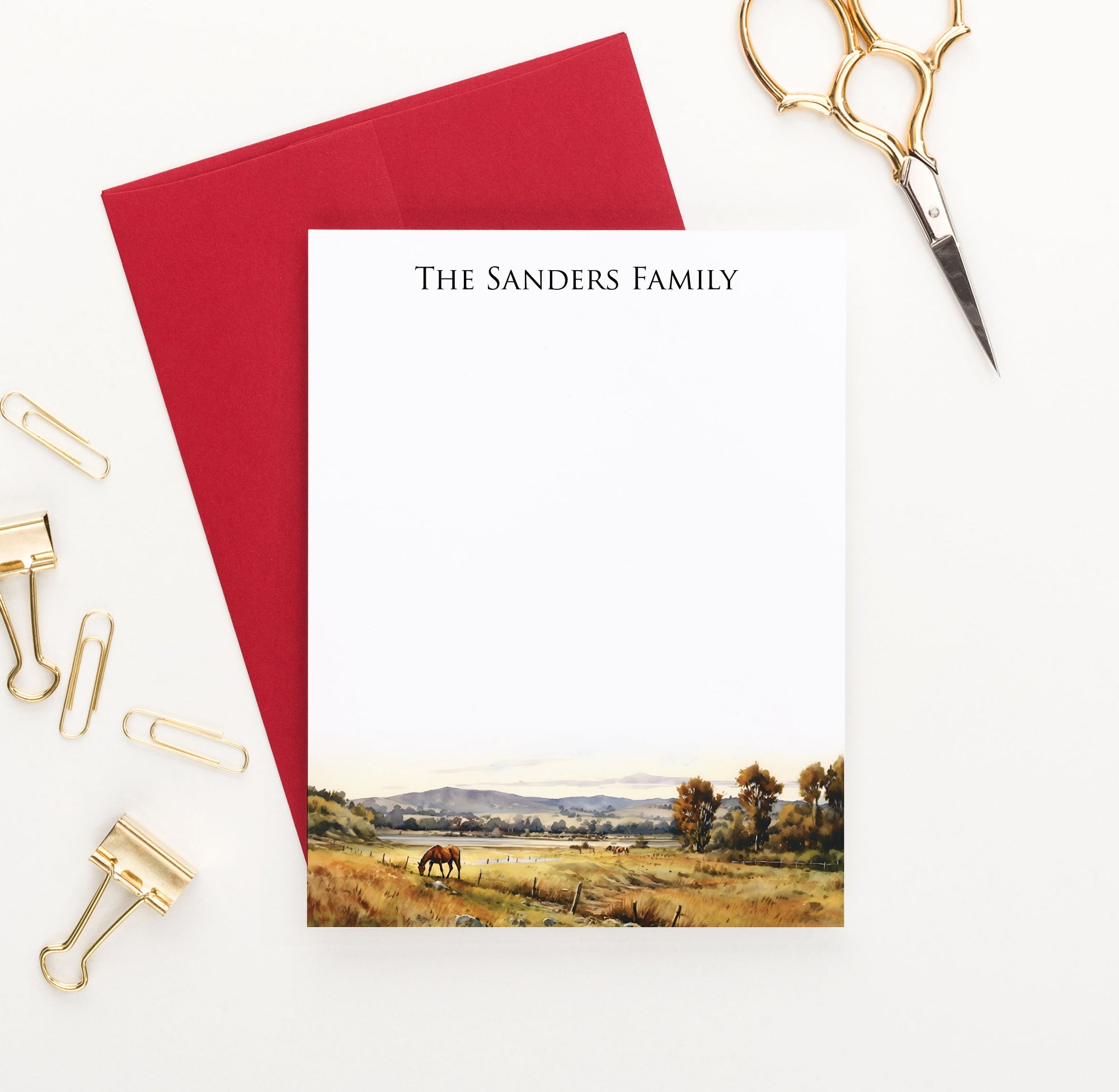 Pasture Landscape Personalized Family Stationery Note Cards With Horses
