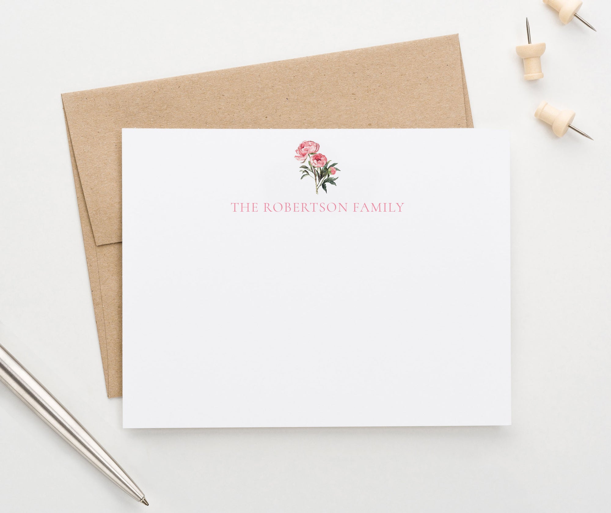 Watercolor Peony Personalized Family Notecards And Envelopes