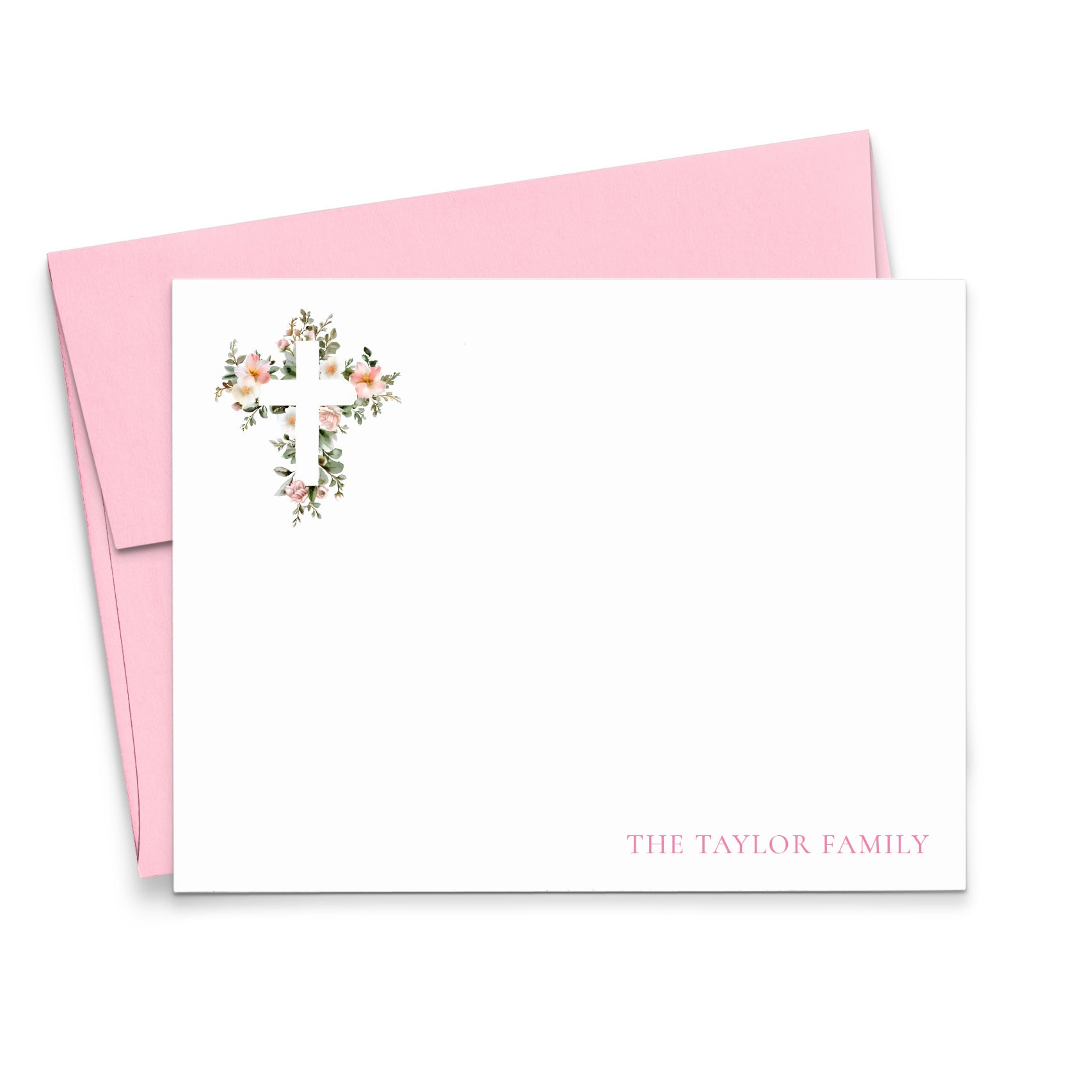 Elegant Floral Personalized Family Note Cards With Cross