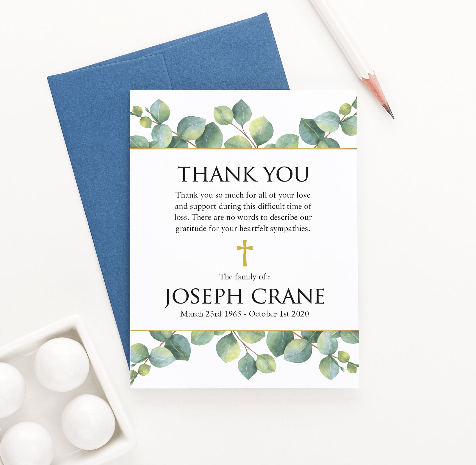 Personalized Memorial Thank You Cards For Funeral With Greenery Leaves