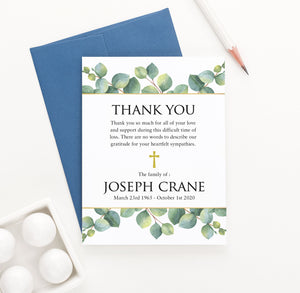 Personalized Memorial Thank You Cards For Funeral With Greenery Leaves