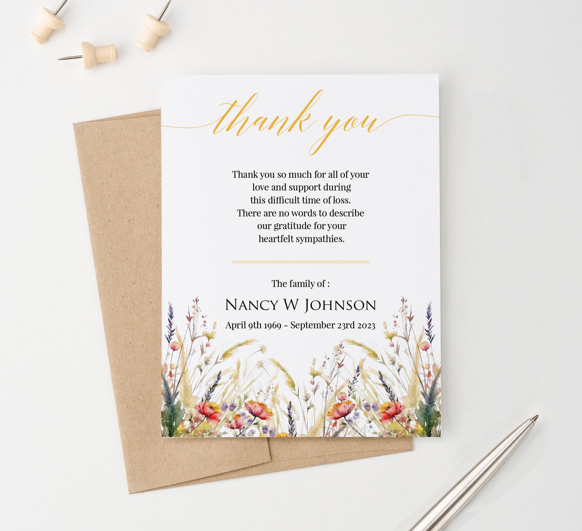 Fall Wildflower Funeral Thank You Cards With Envelopes Personalized