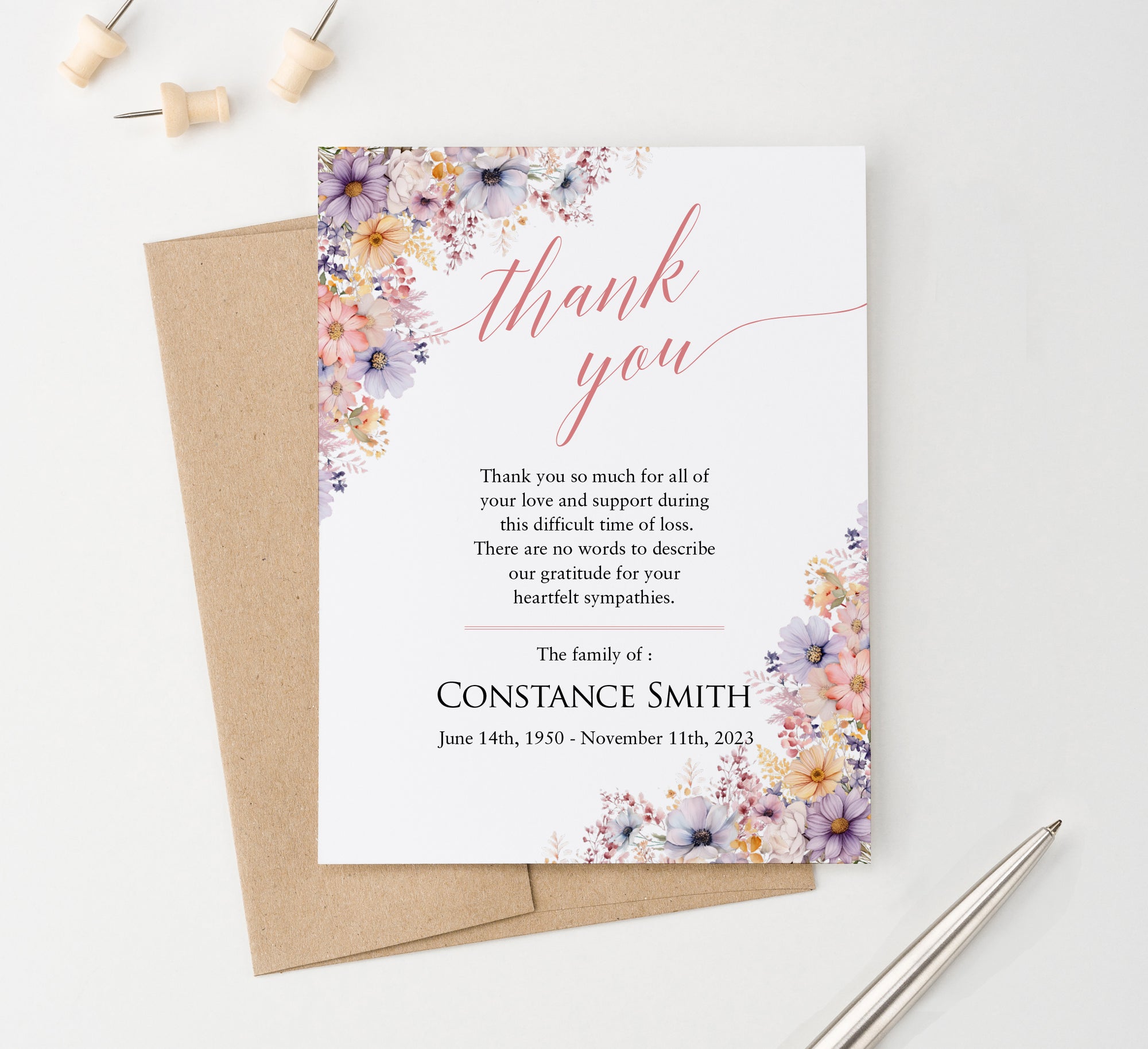 Peach And Purple Floral Personalized Thank You Cards For Funeral