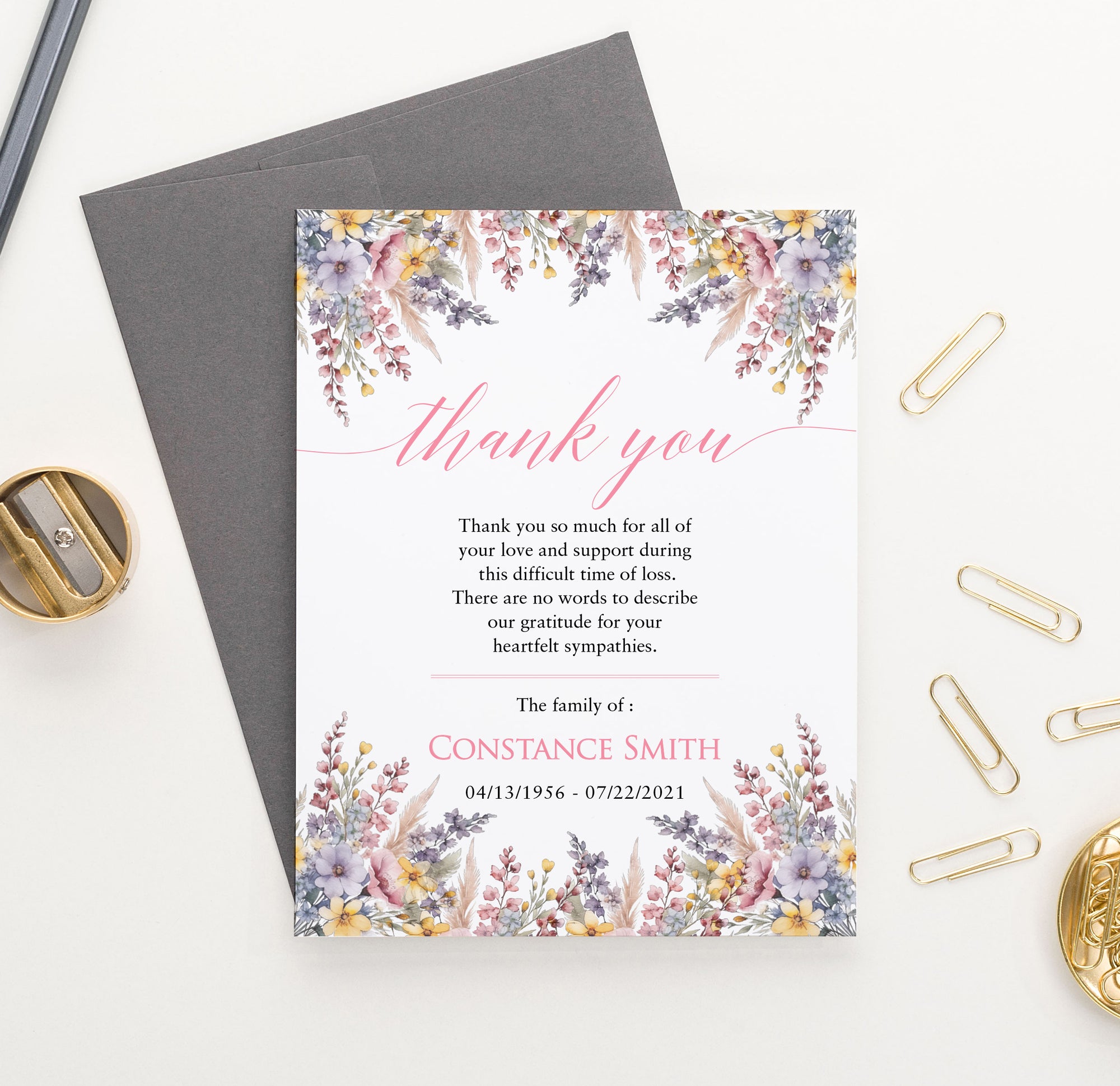 Classic Floral Thank You Cards For Funeral With Envelopes Personalized