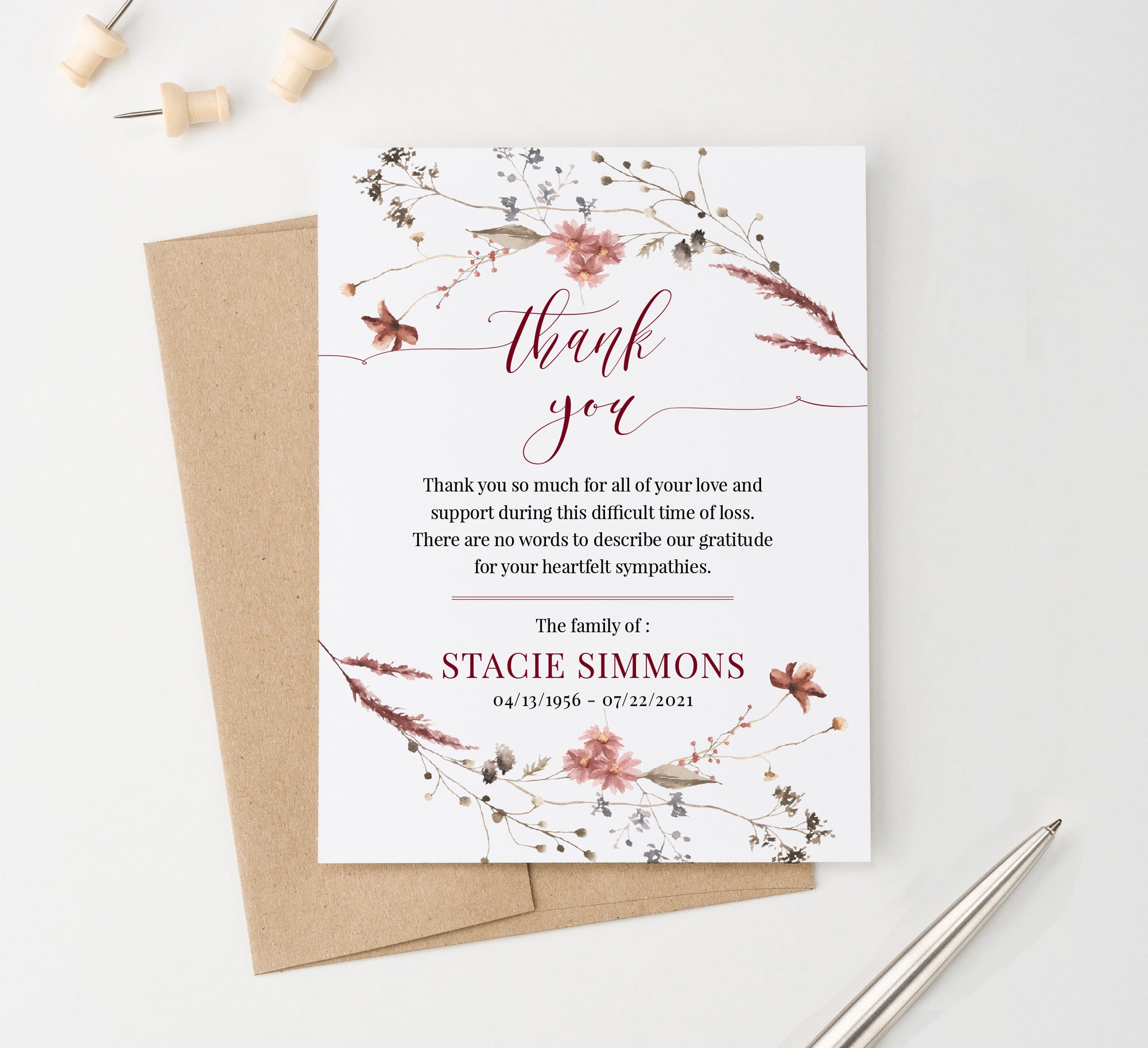 Rustic Personalized Sympathy Thank You Cards With Wildflowers