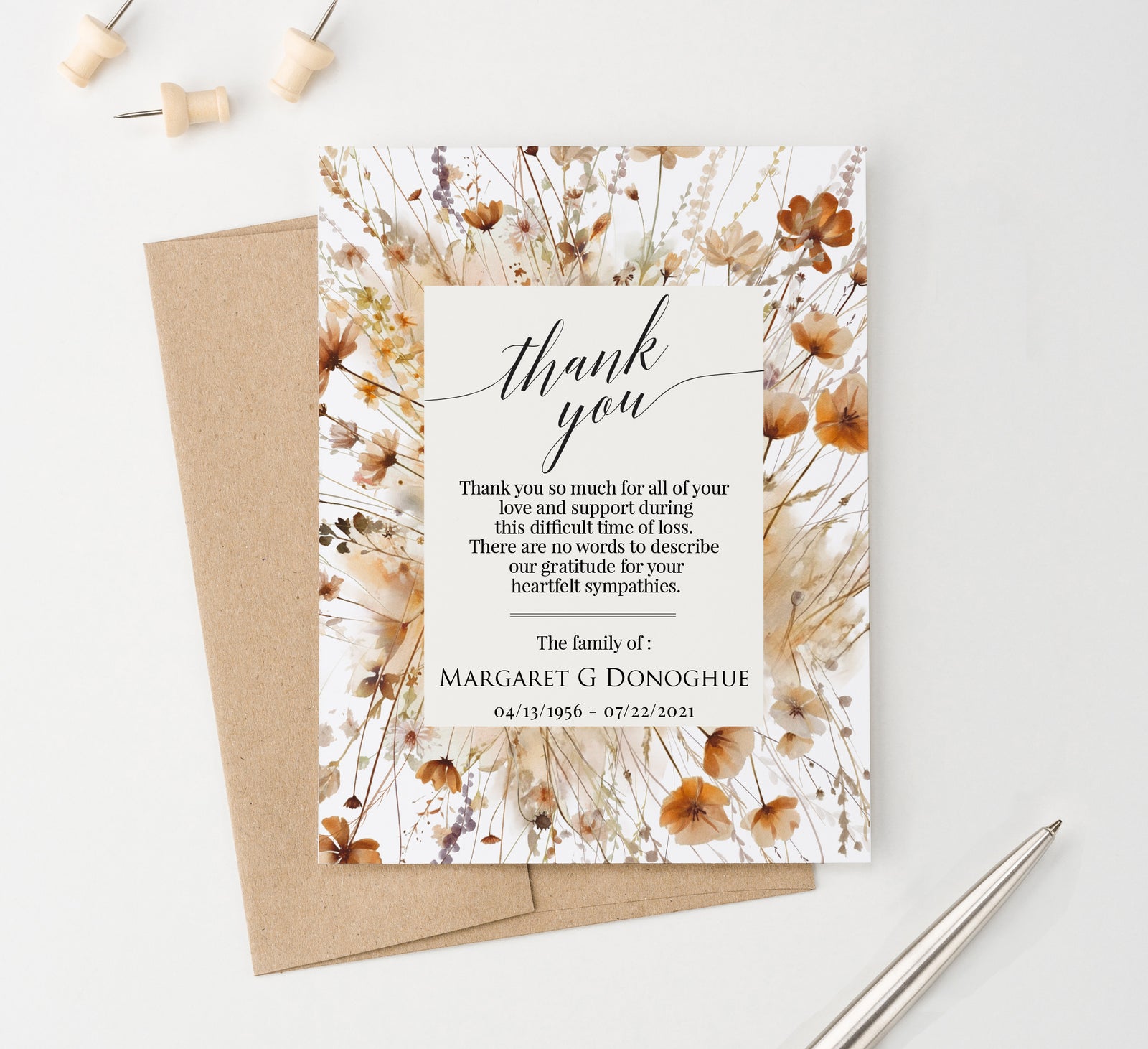 Boho Wildfower Thank You Sympathy Cards Personalized
