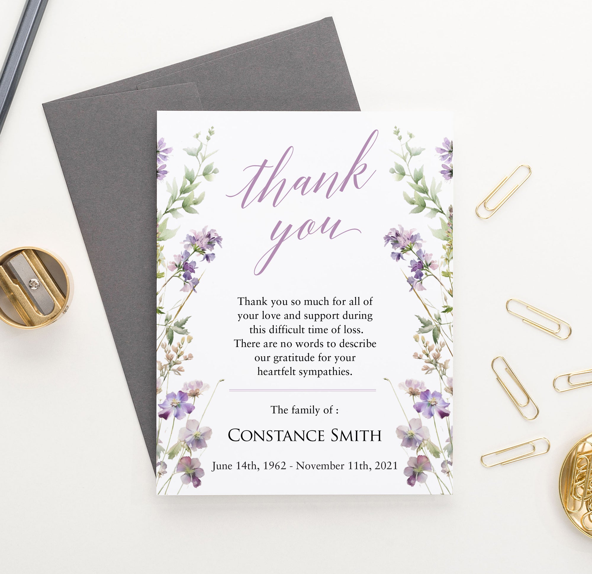 Sophisticated Purple Floral Funeral Thank You Cards Personalized