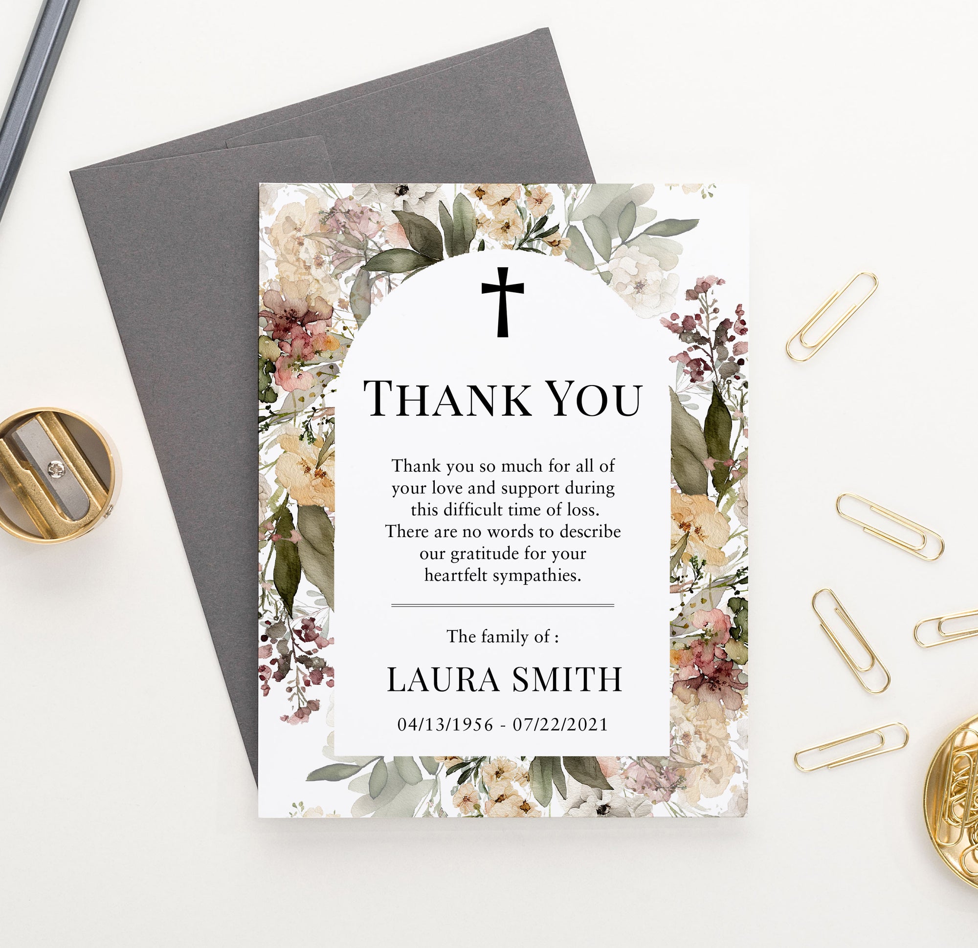 Elegant Floral Arch Personalized Funeral Thank You Cards With Cross