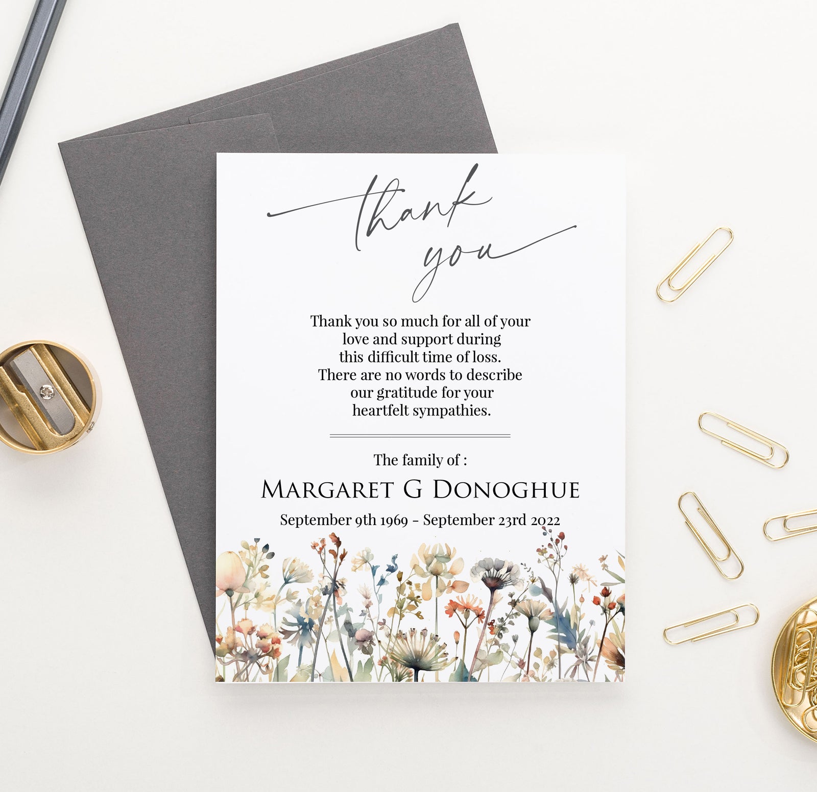 Classic Wildflower Custom Thank You Cards For Funeral With Envelopes
