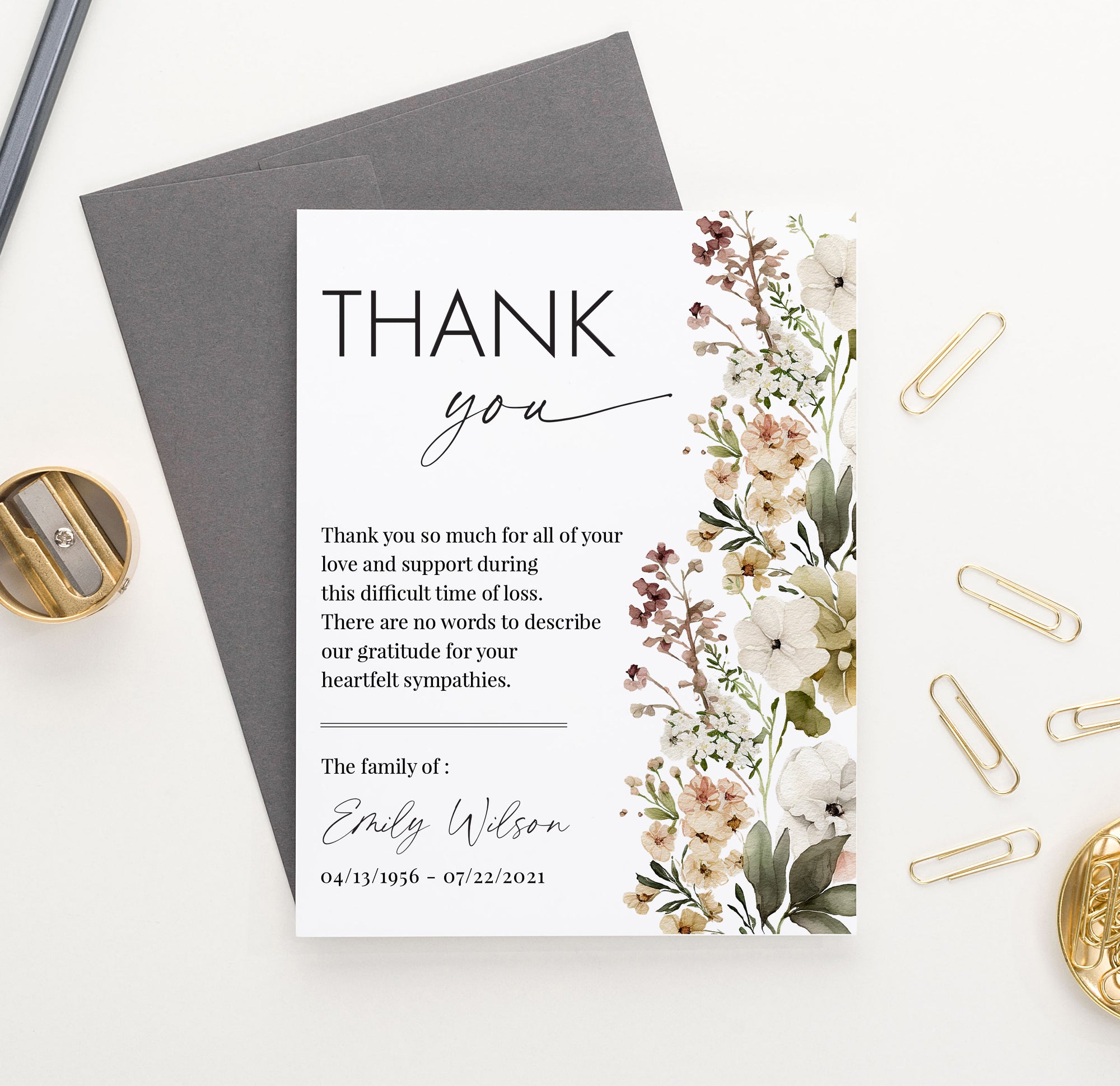 Minimalist Personalized Sympathy Thank You Cards With Stylish Florals