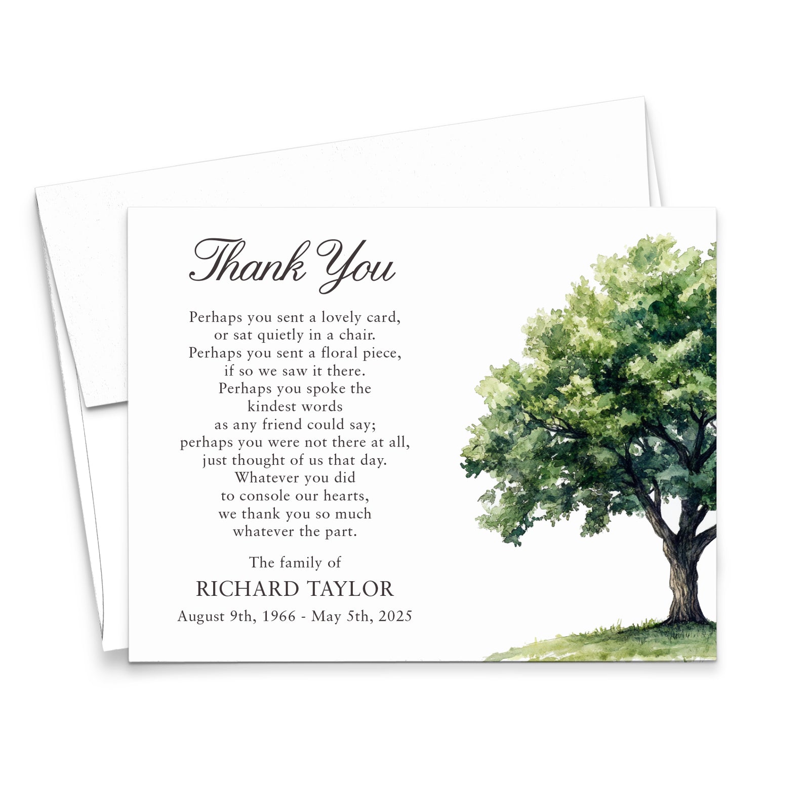 Watercolor Sympathy Thank You Cards With Oak Tree