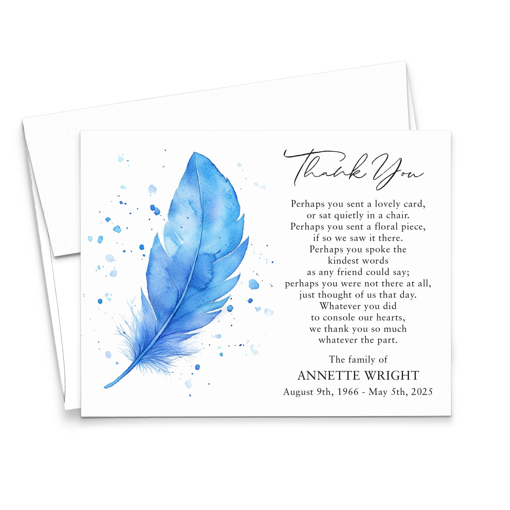Custom Funeral Thank You Cards With Blue Feather