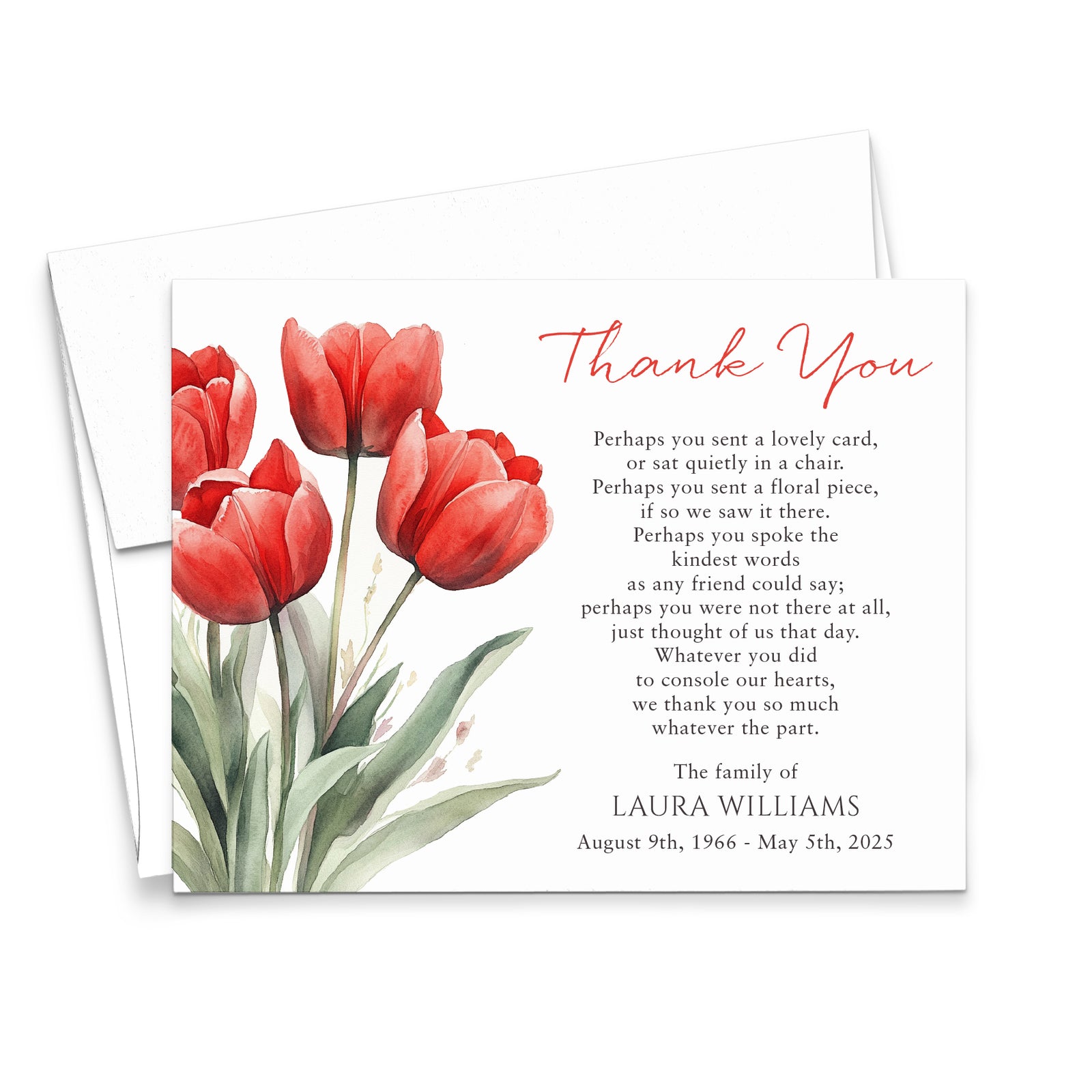 Red Tulip Funeral Thank You Notes With Envelopes
