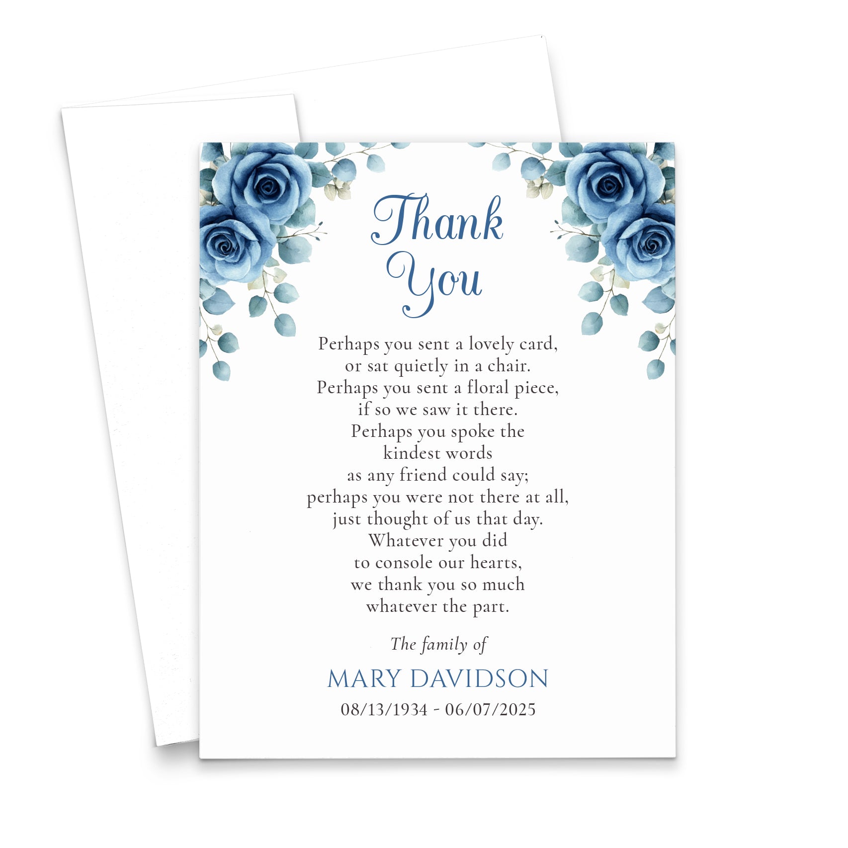 Floral Thank You Cards For Funeral With Blue Roses