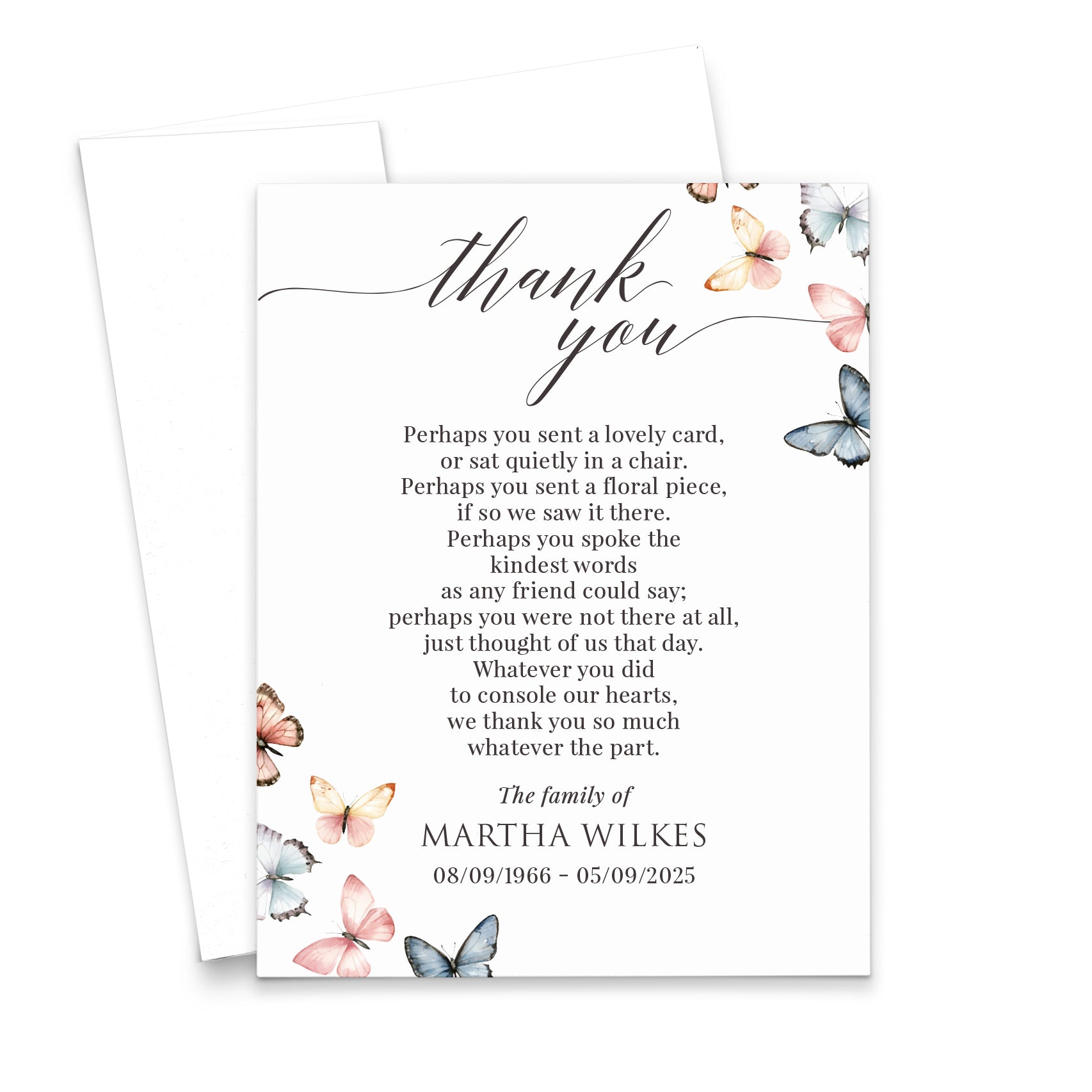 Pink And Blue Thank You Cards For Sympathy With Butterflies