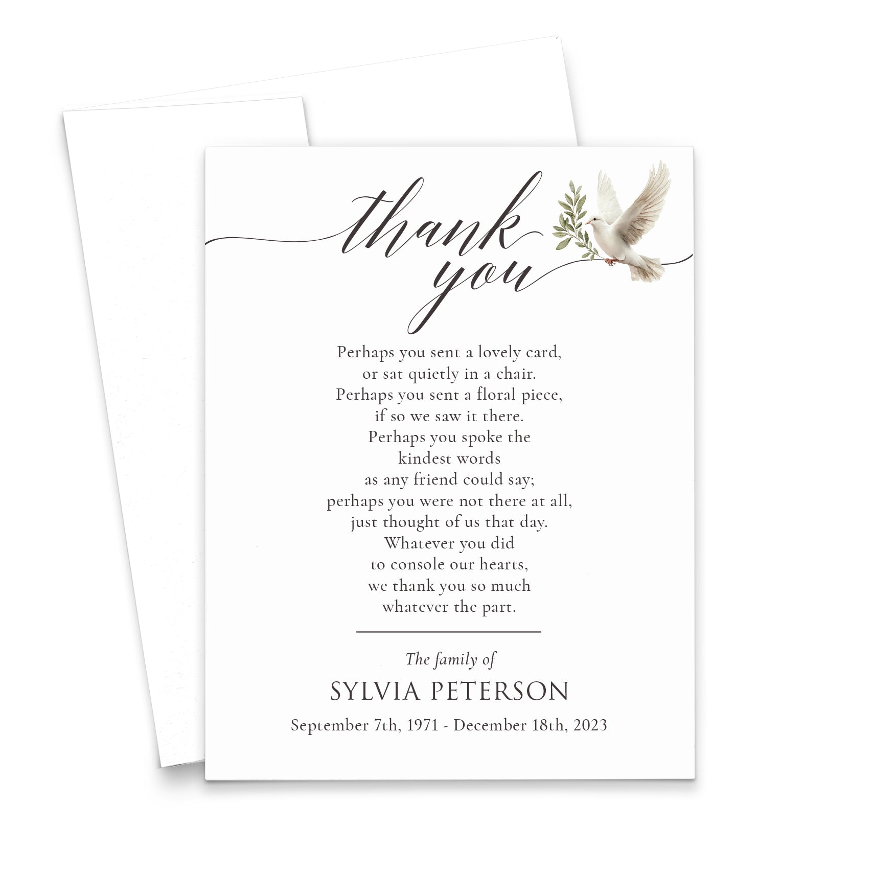 White Dove Thank You Cards For Funeral Personalized