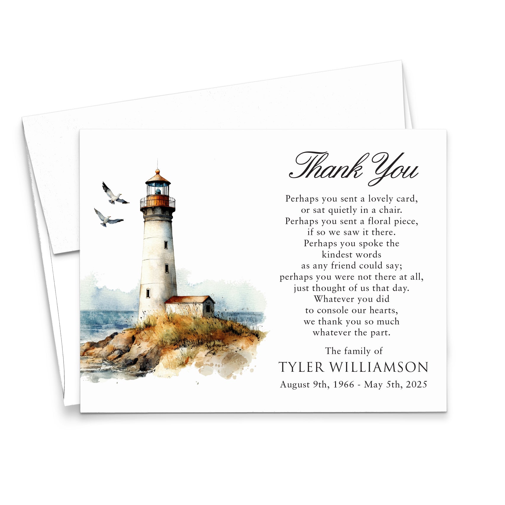 Lighthouse Personalized Memorial Thank You Cards With Birds