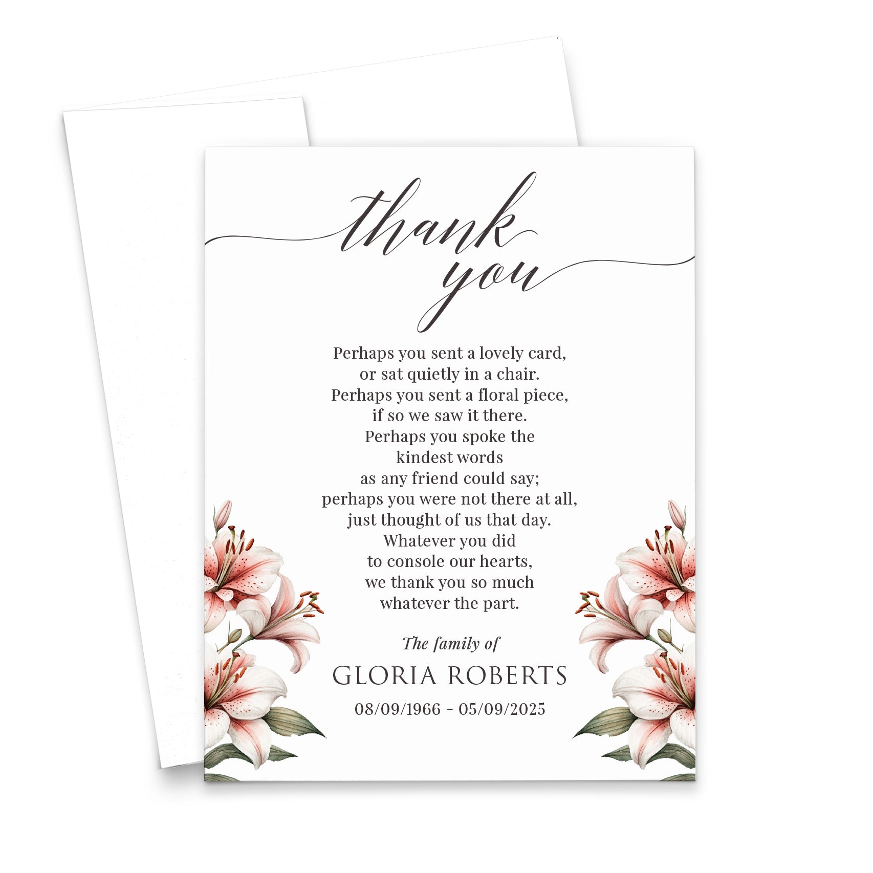 Elegant Pink Funeral Thank You Cards With Lily Flowers
