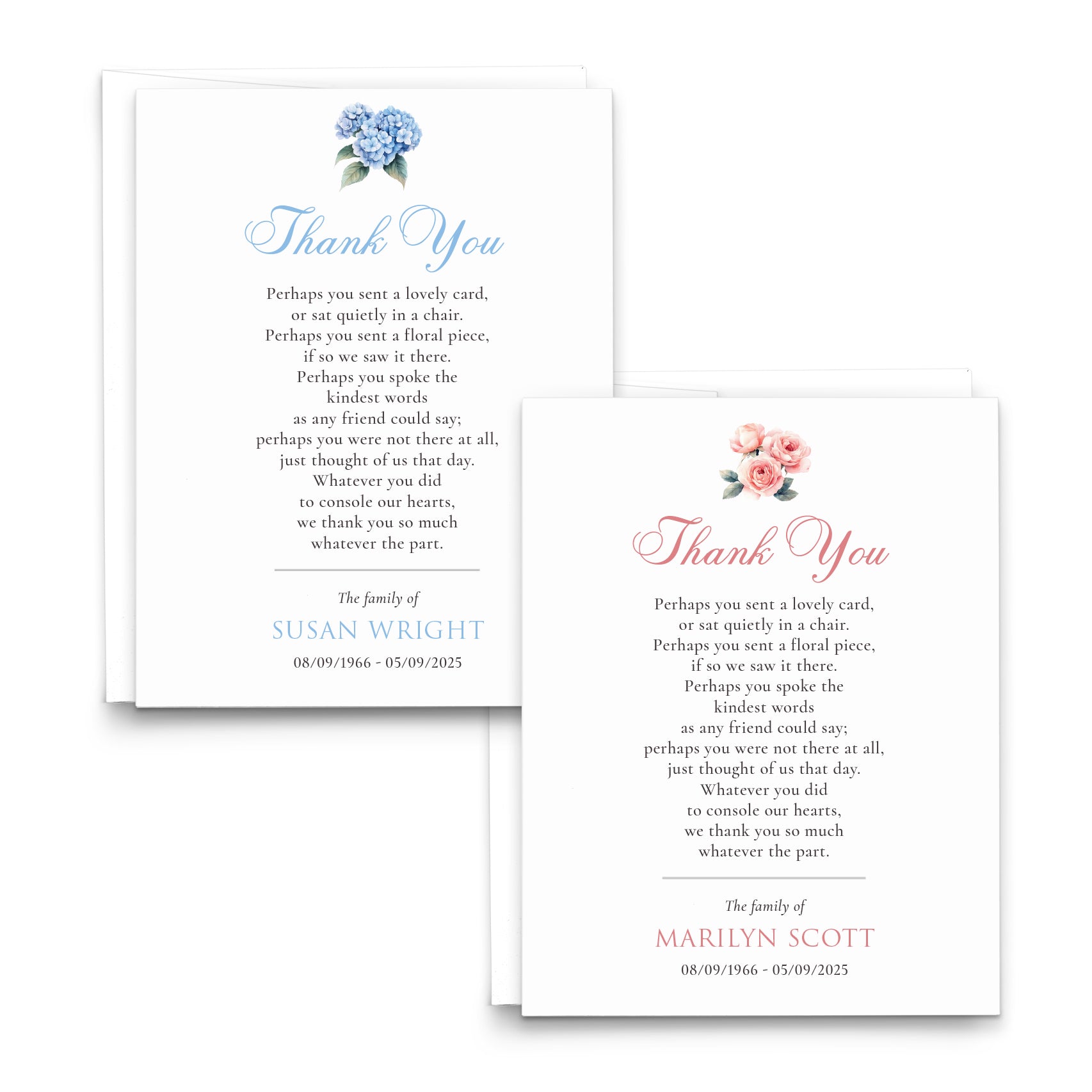 Peonies And Hydrangea Funeral Thank You Cards Pink Or Blue