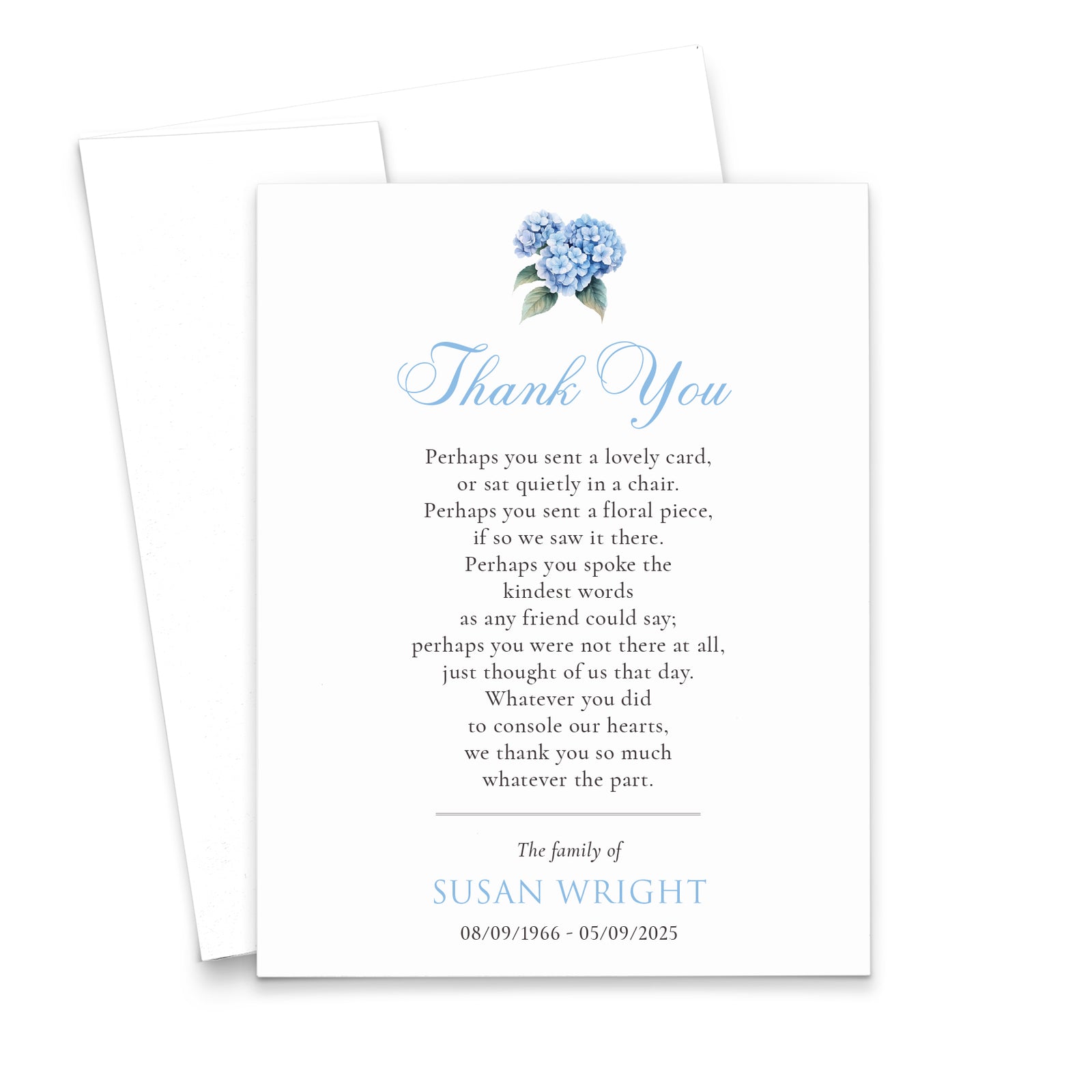 Peonies And Hydrangea Funeral Thank You Cards Pink Or Blue