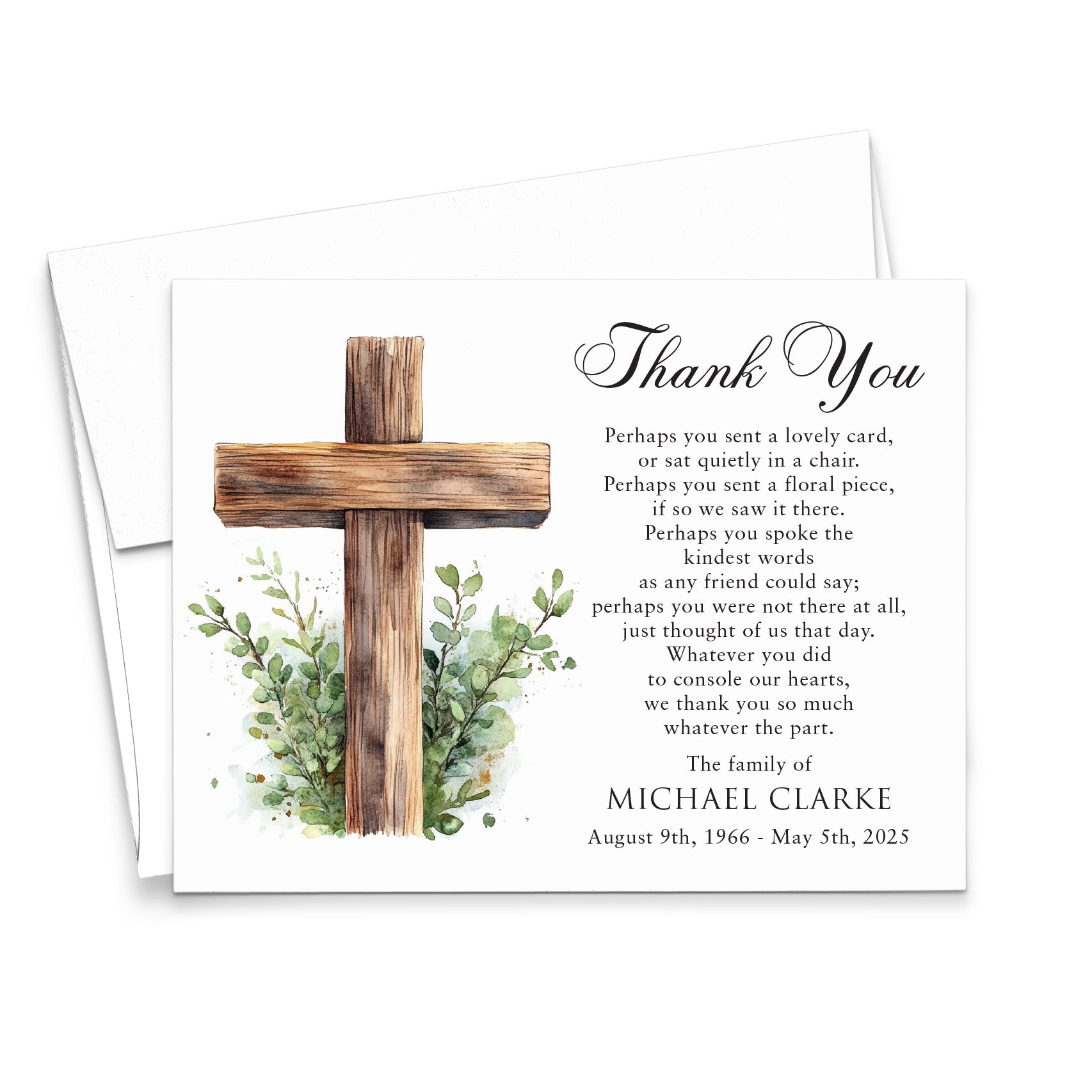 Watercolor Greenery Funeral Thank You Cards With Cross