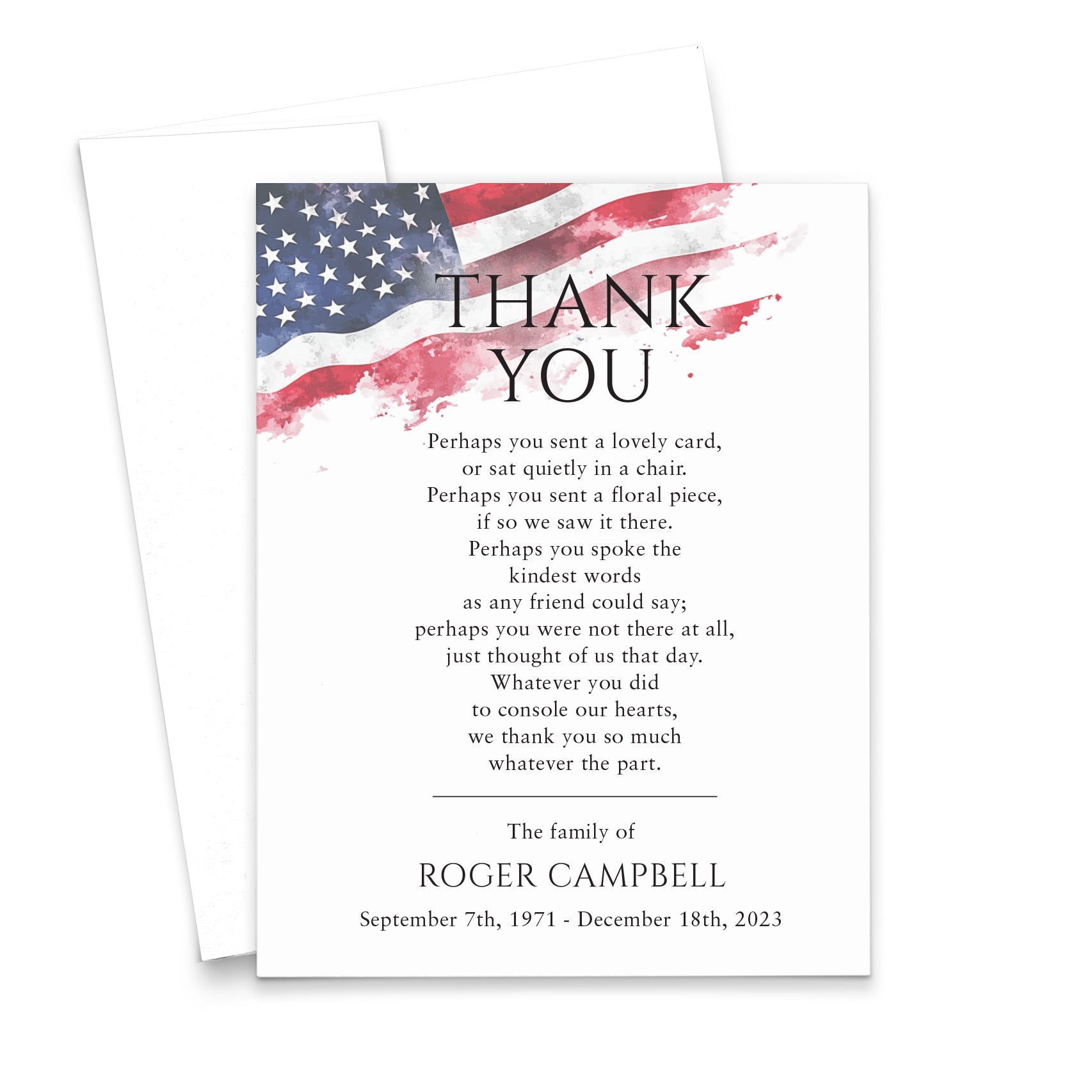 Patriotic American Flag Sympathy Thank You Card For Funeral 