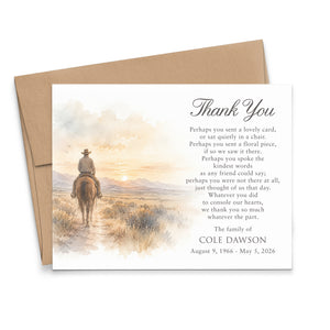 Western Cowboy Sunset Memorial Thank You Cards