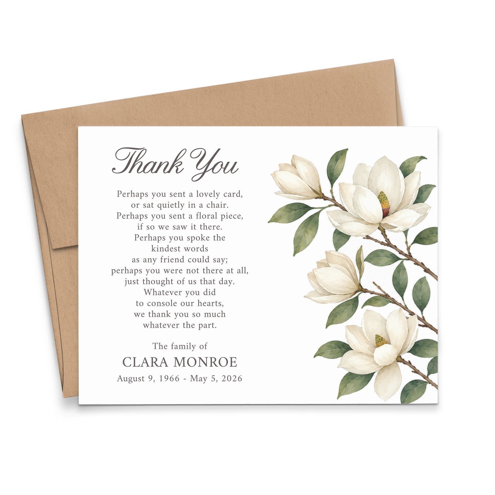 Magnolia Sympathy Thank You Cards For Funeral