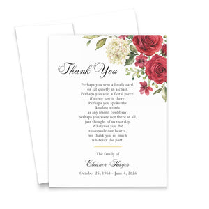 Elegant Red Rose Funeral Acknowledgement Cards