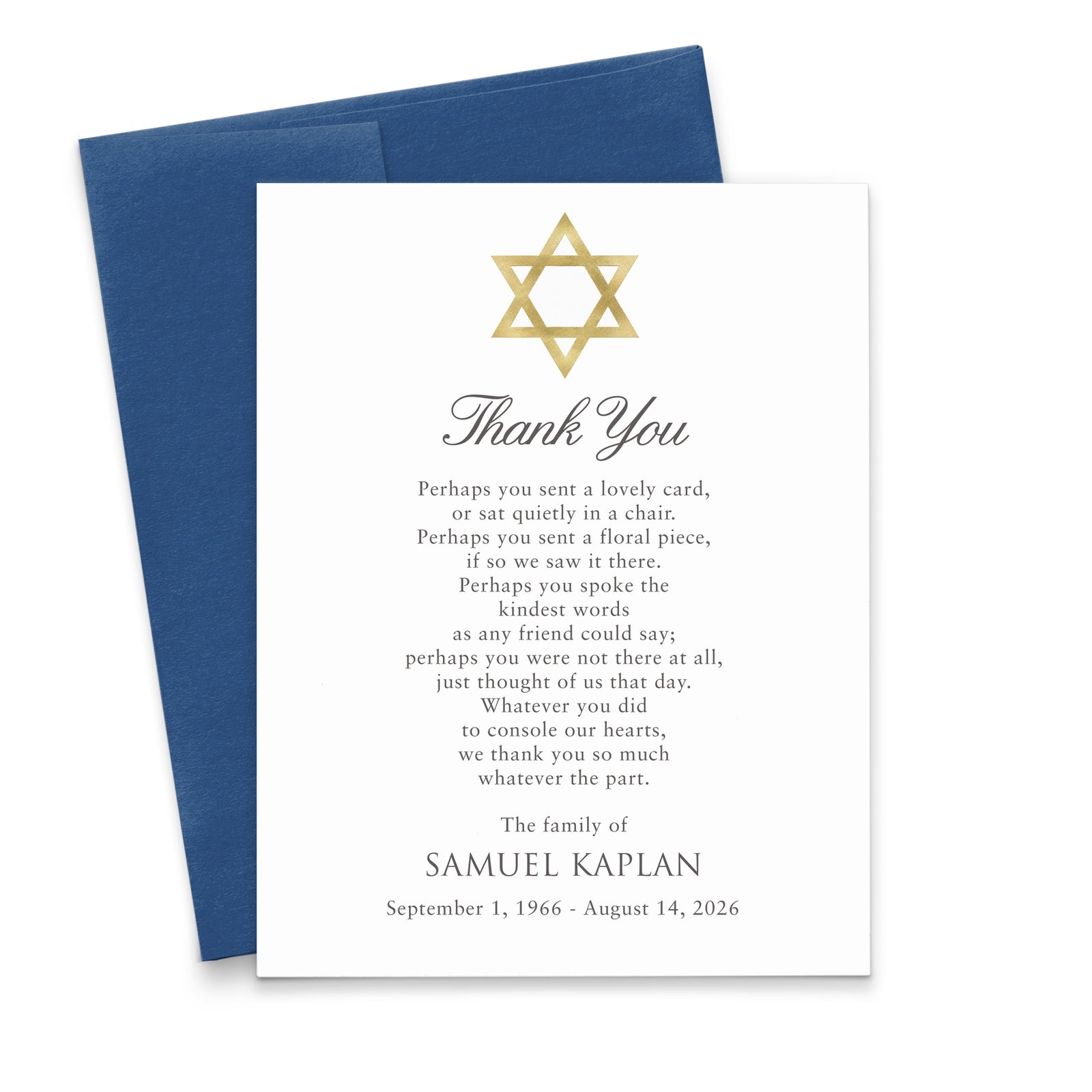 Jewish Funeral Thank You Cards With Star Of David
