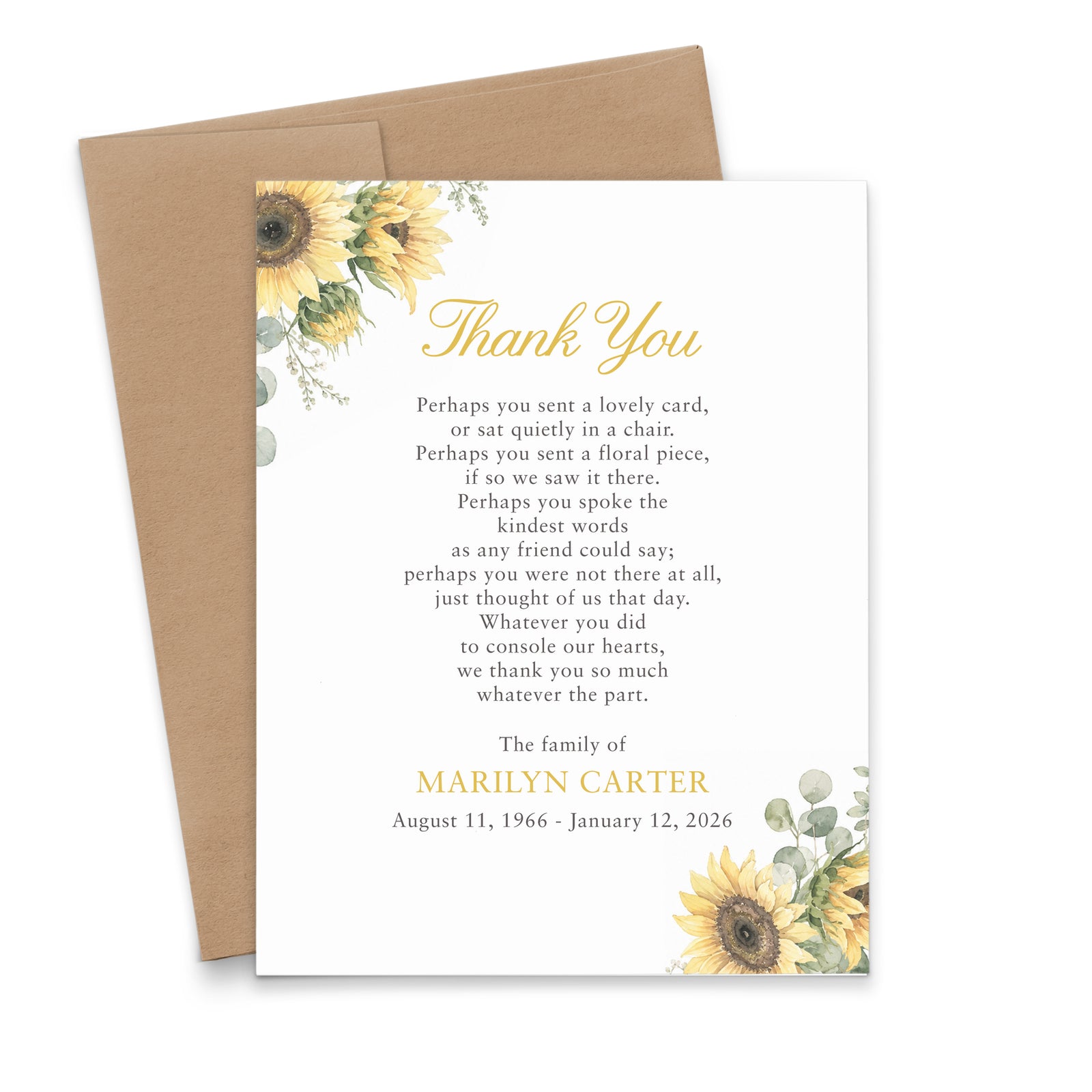 Rustic Sunflower Bereavement Thank You Cards