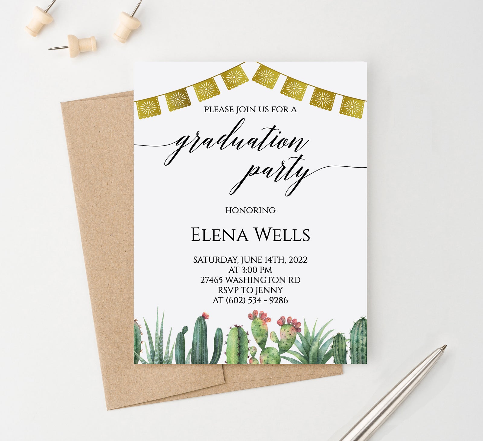 Personalized Fiesta Graduation Party Invitations with Cactus