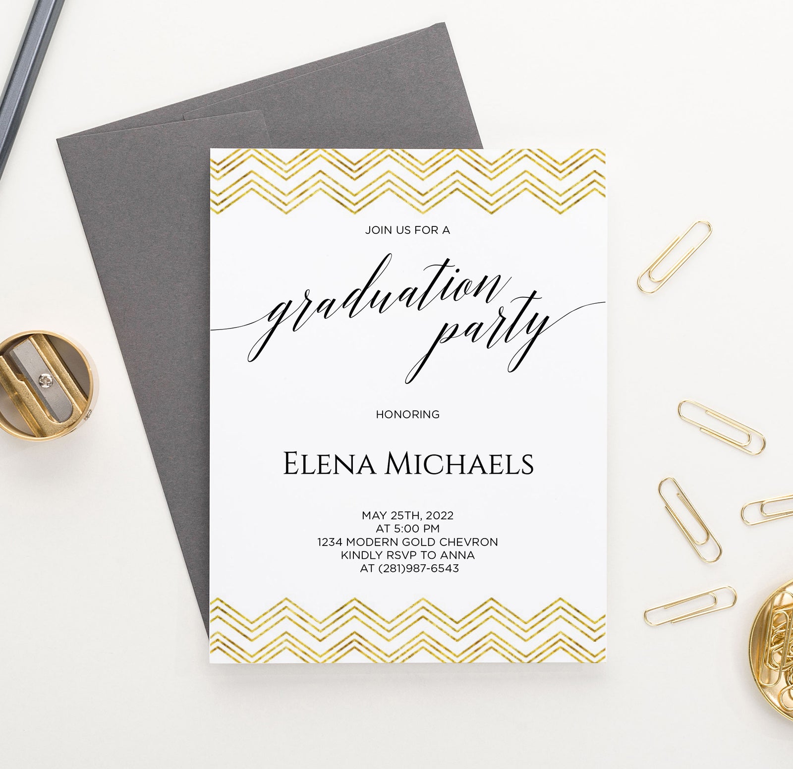 Simple Personalized Grad Party Invite with Gold Chevron