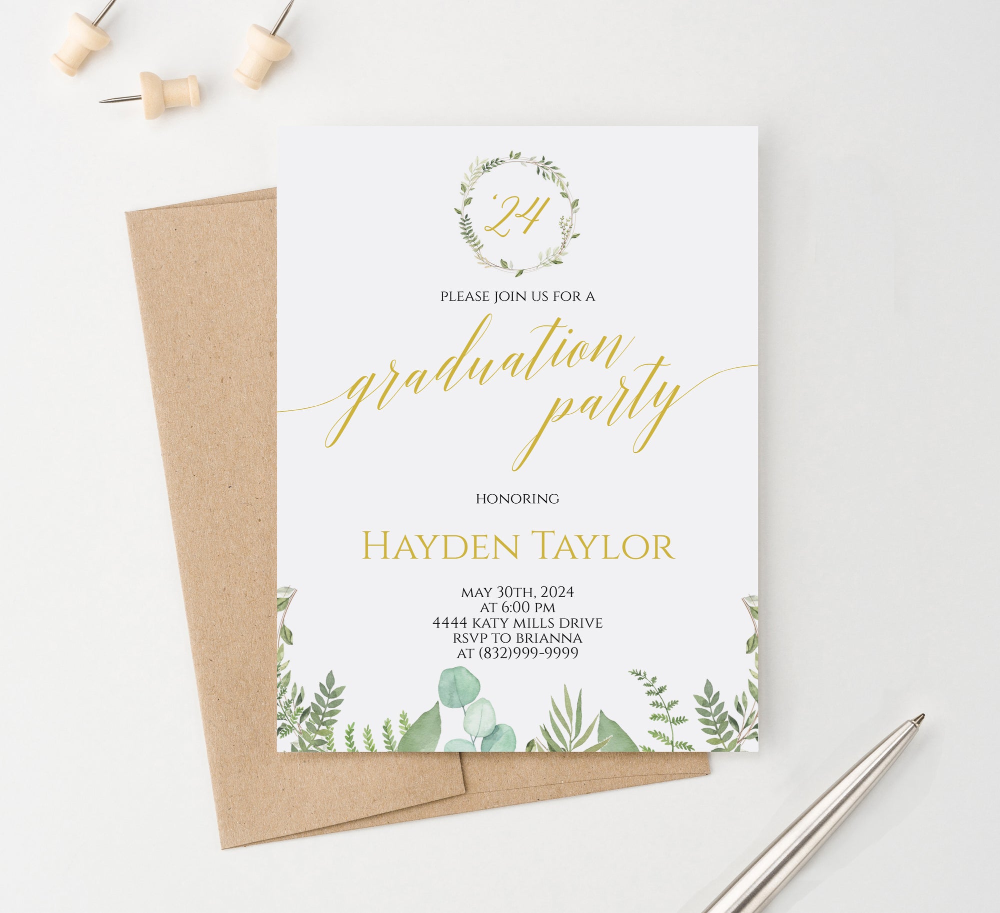 Personalized Greenery Grad Party invites with Year