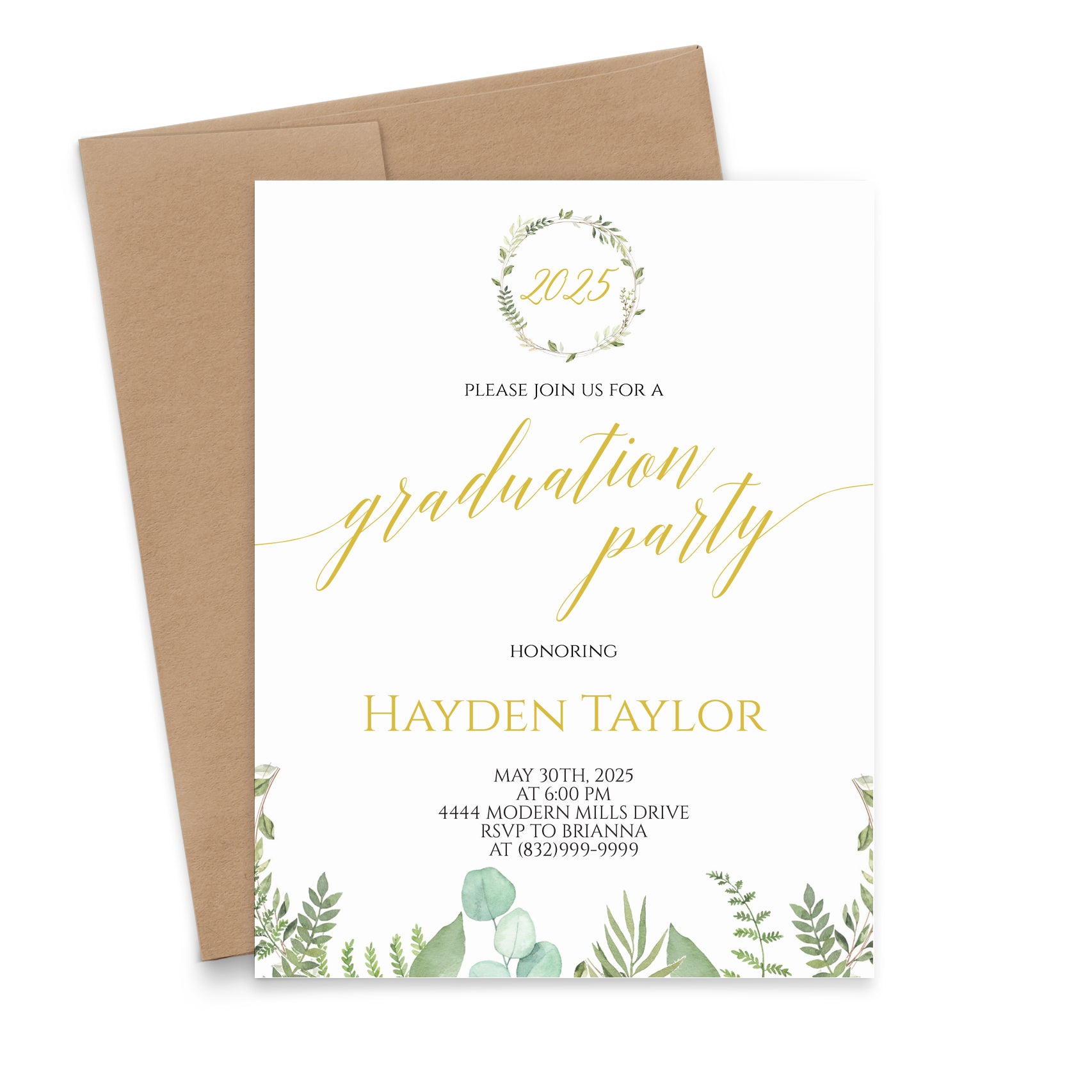 Personalized Greenery Grad Party Invites with Year