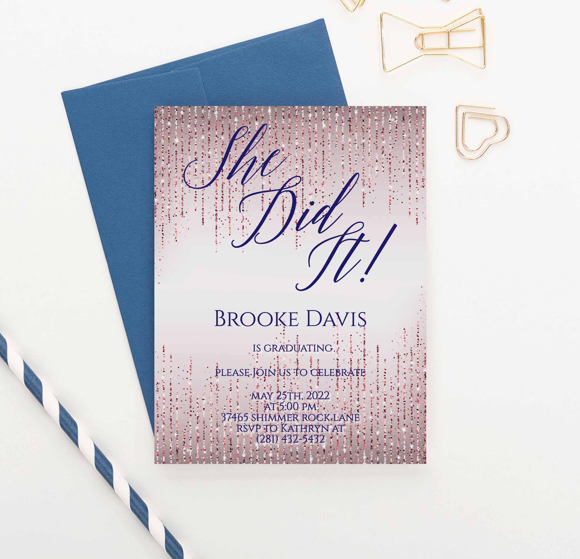 Rose Gold Personalized She Did It Grad Party invites