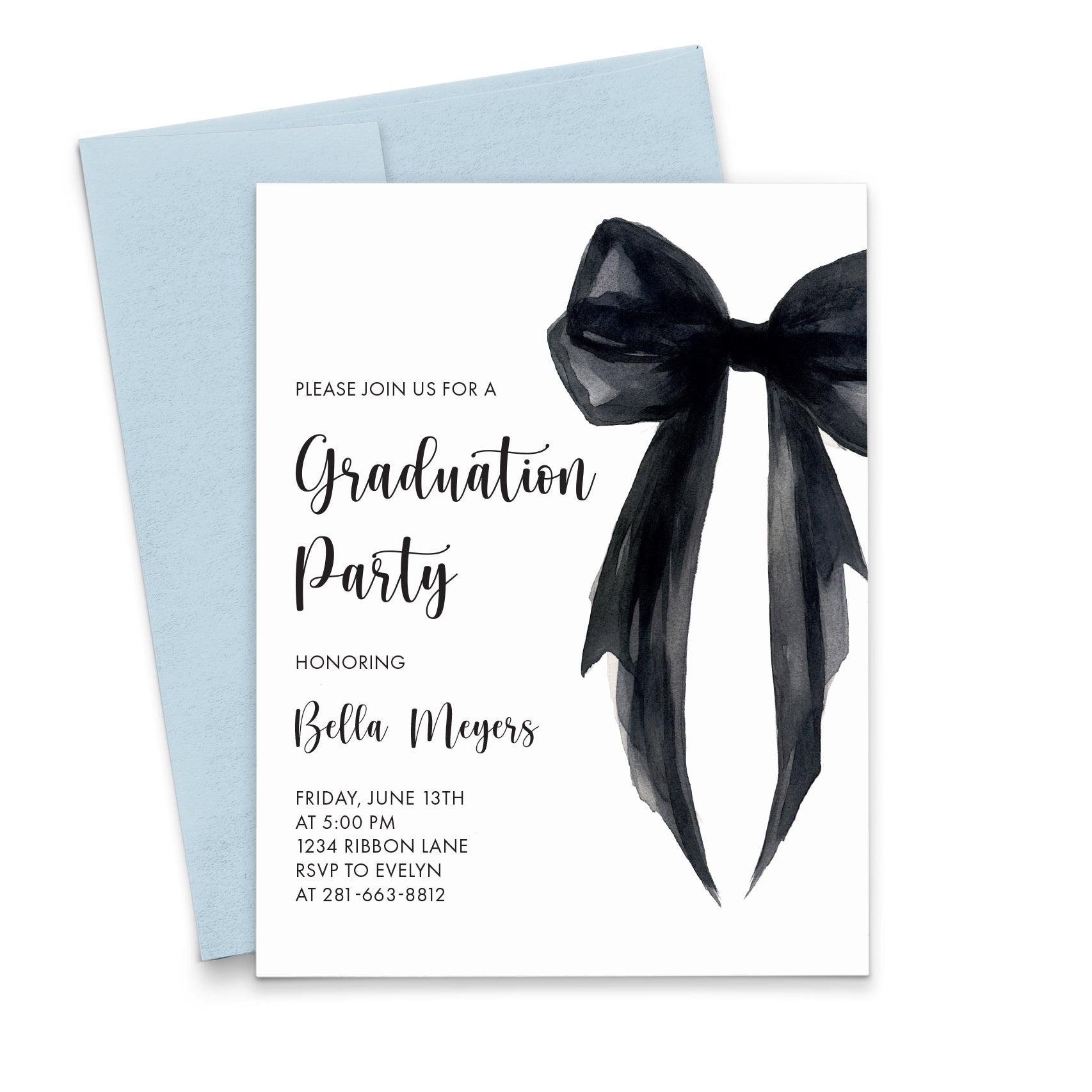 Watercolor Personalized Grad Party Invitations With Bow - Modern Pink Paper Watercolor Personalized Grad Party Invitations With Bow - Modern Pink Paper