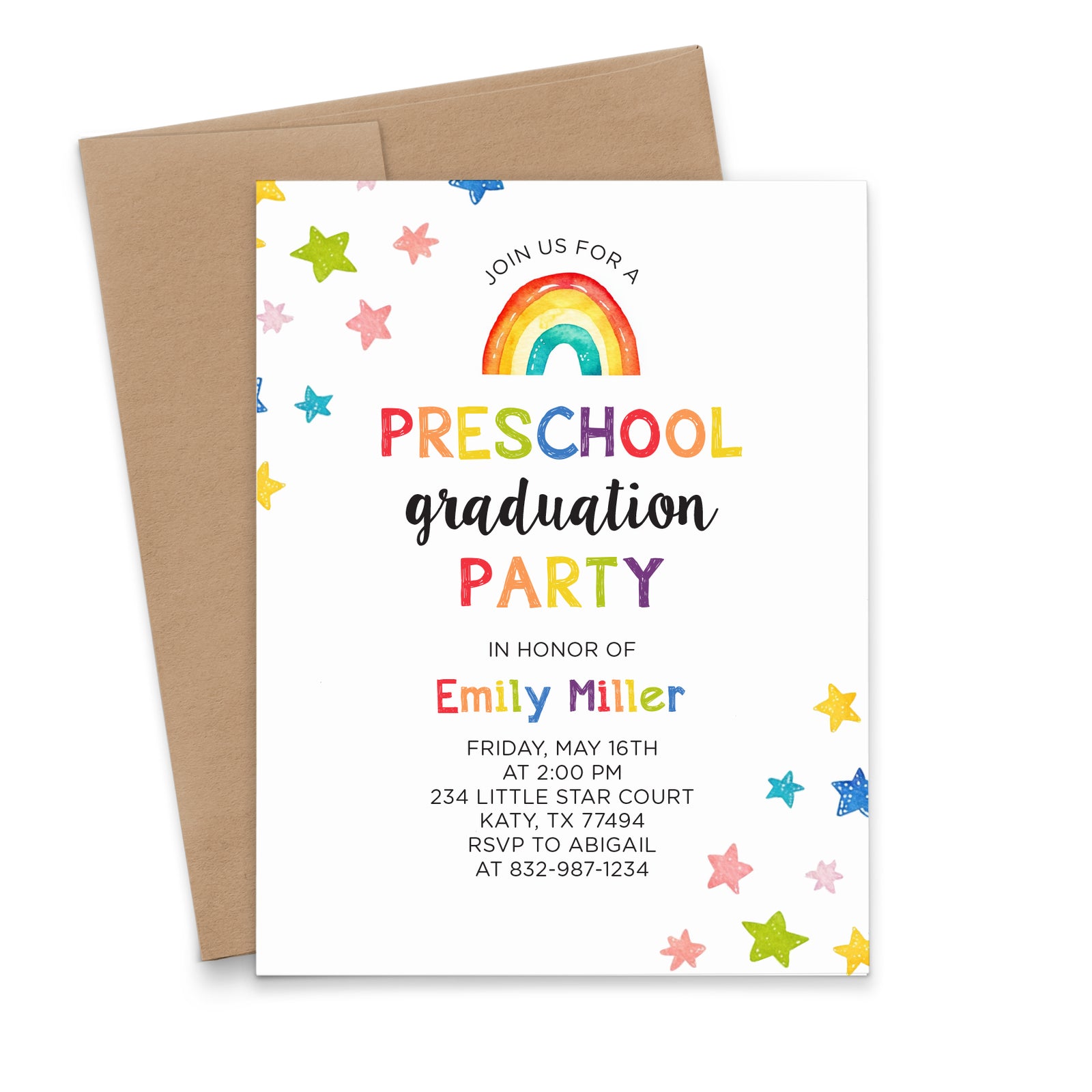 Colorful Pre K Graduation Party Invitations Rainbow Theme