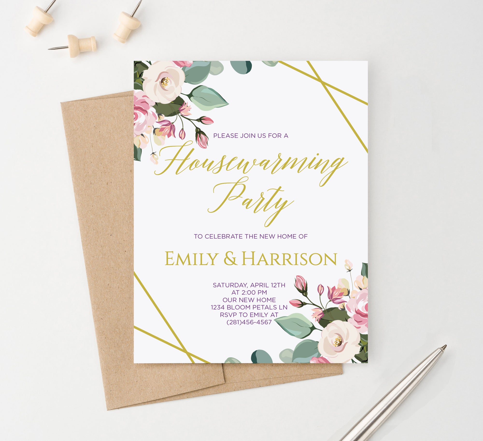Personalized Housewarming Party Invitations With Floral Corners